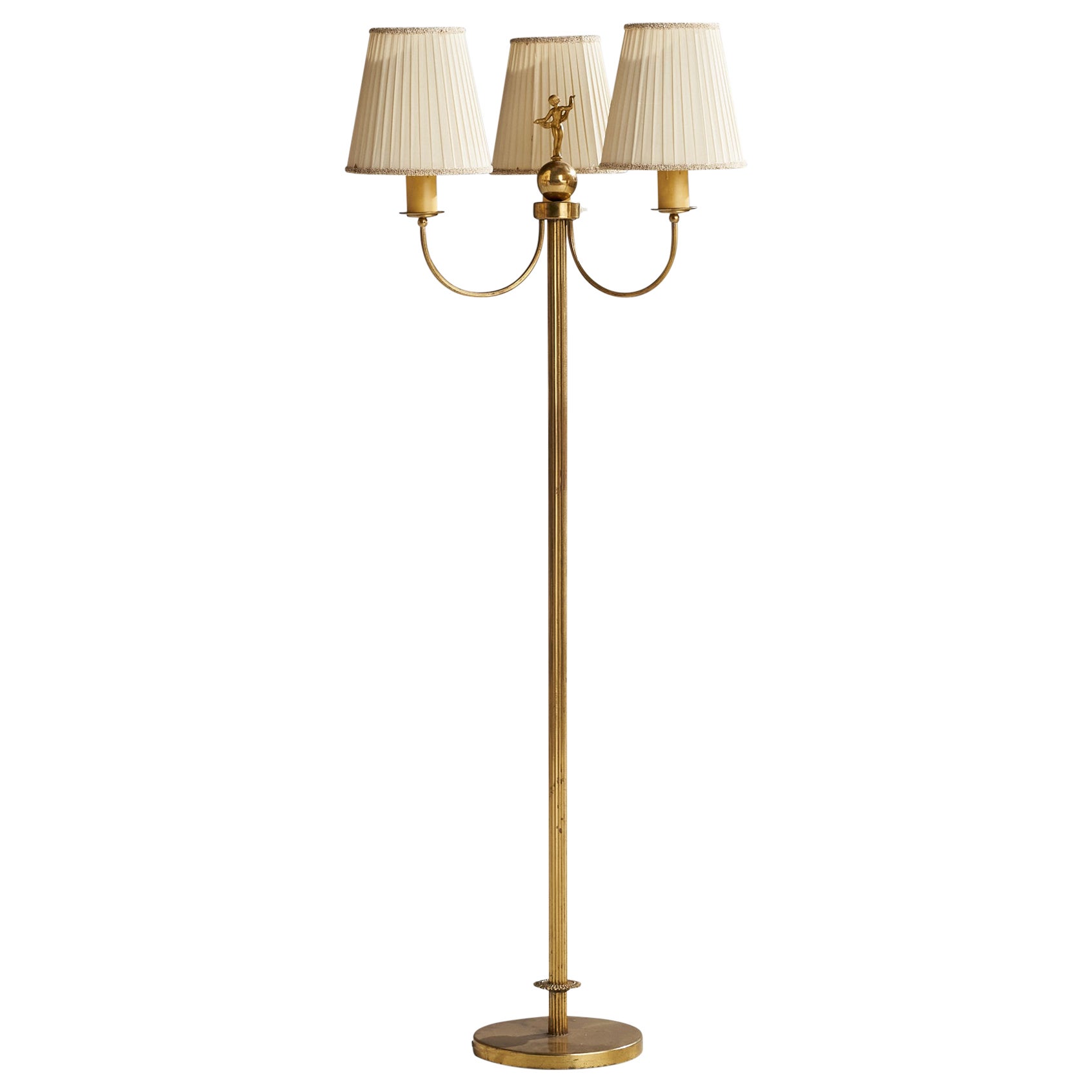 Swedish Designer, Floor Lamp, Brass, Fabric, Sweden, 1940s