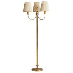 Swedish Designer, Floor Lamp, Brass, Fabric, Sweden, 1940s