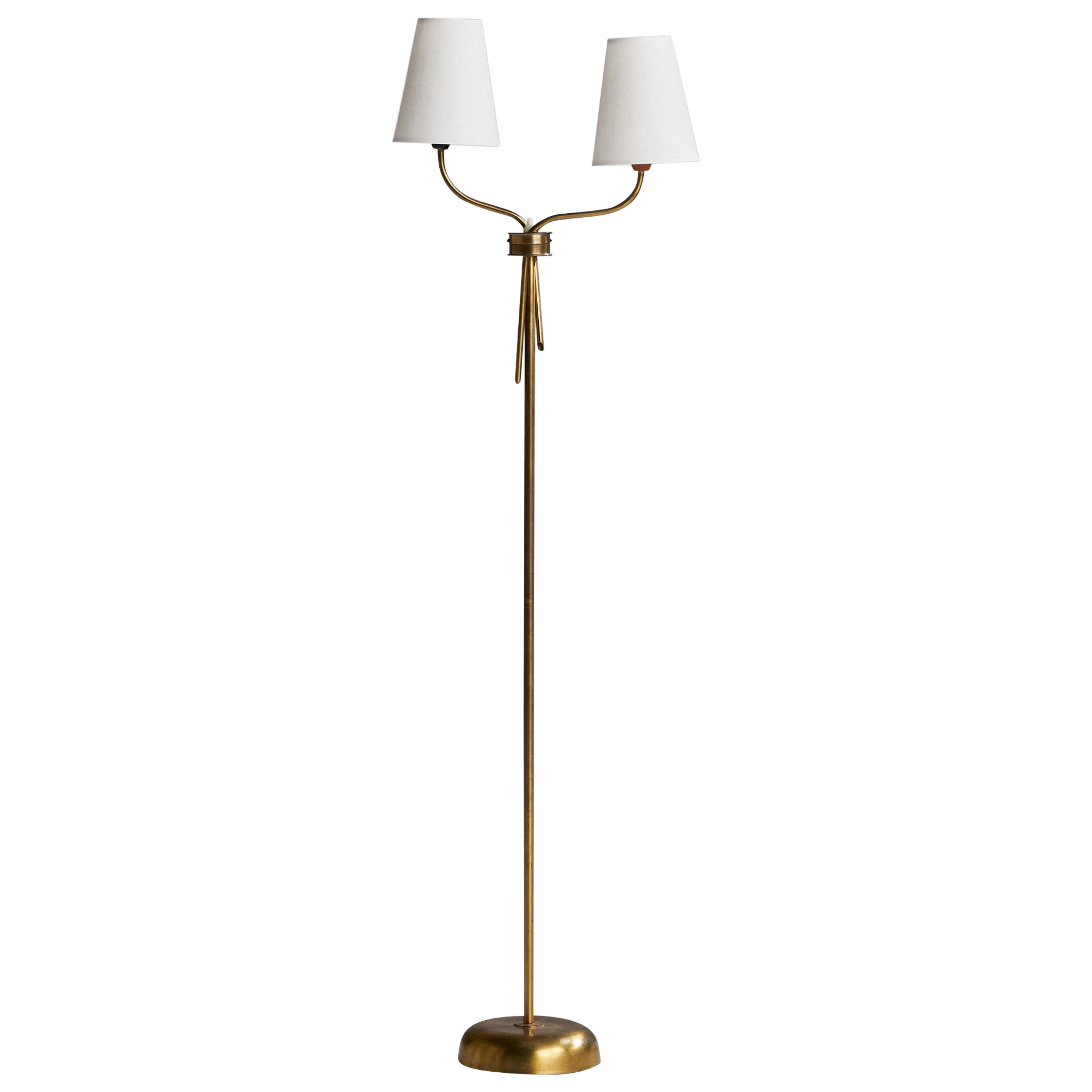 Swedish Designer, Floor Lamp, Brass, Fabric, Sweden, 1940s
