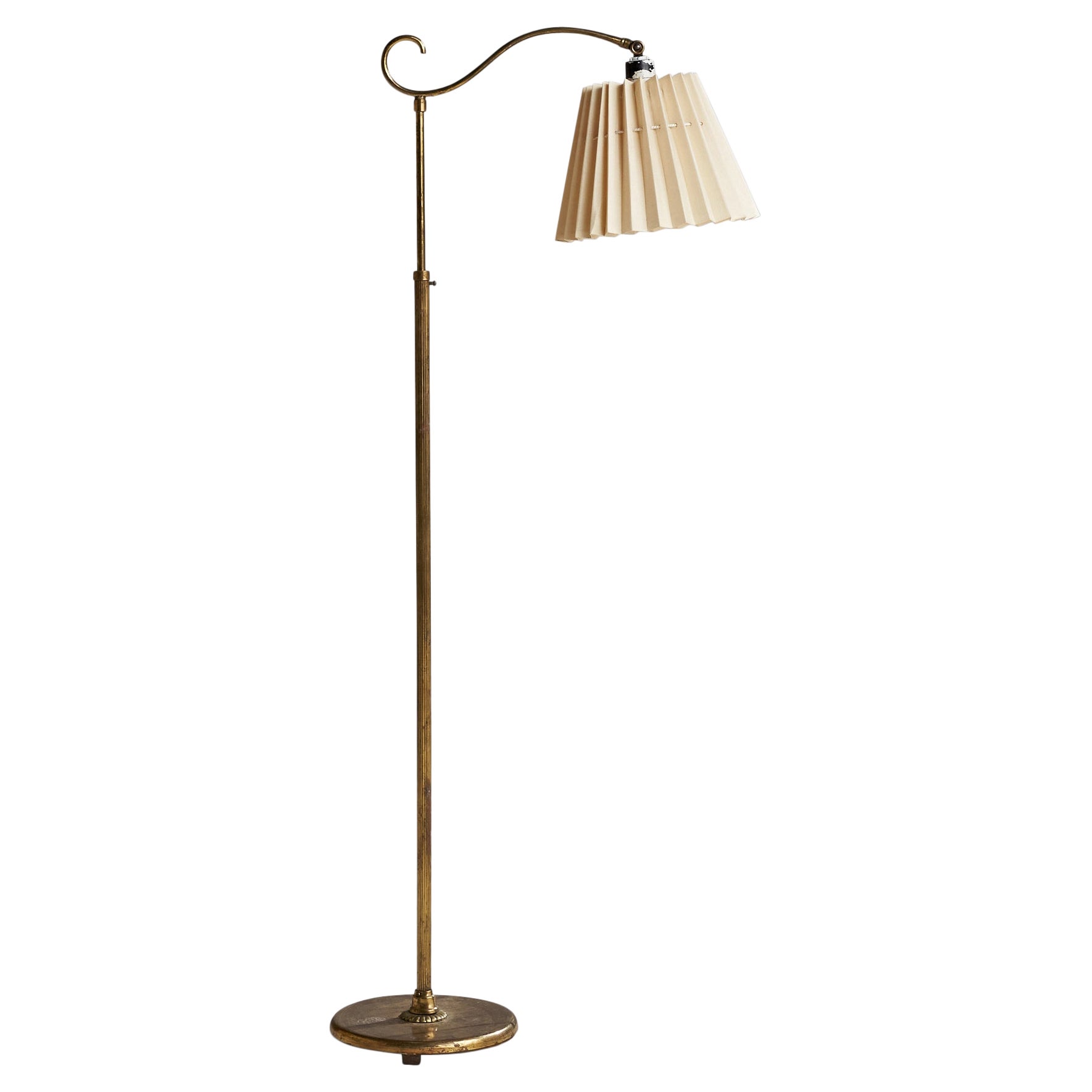 Swedish Designer, Floor Lamp, Brass, Fabric, Sweden, 1940s