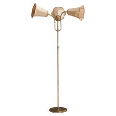 Vintage Swedish Designer, Floor Lamp, Brass, Fabric, Sweden, 1940s