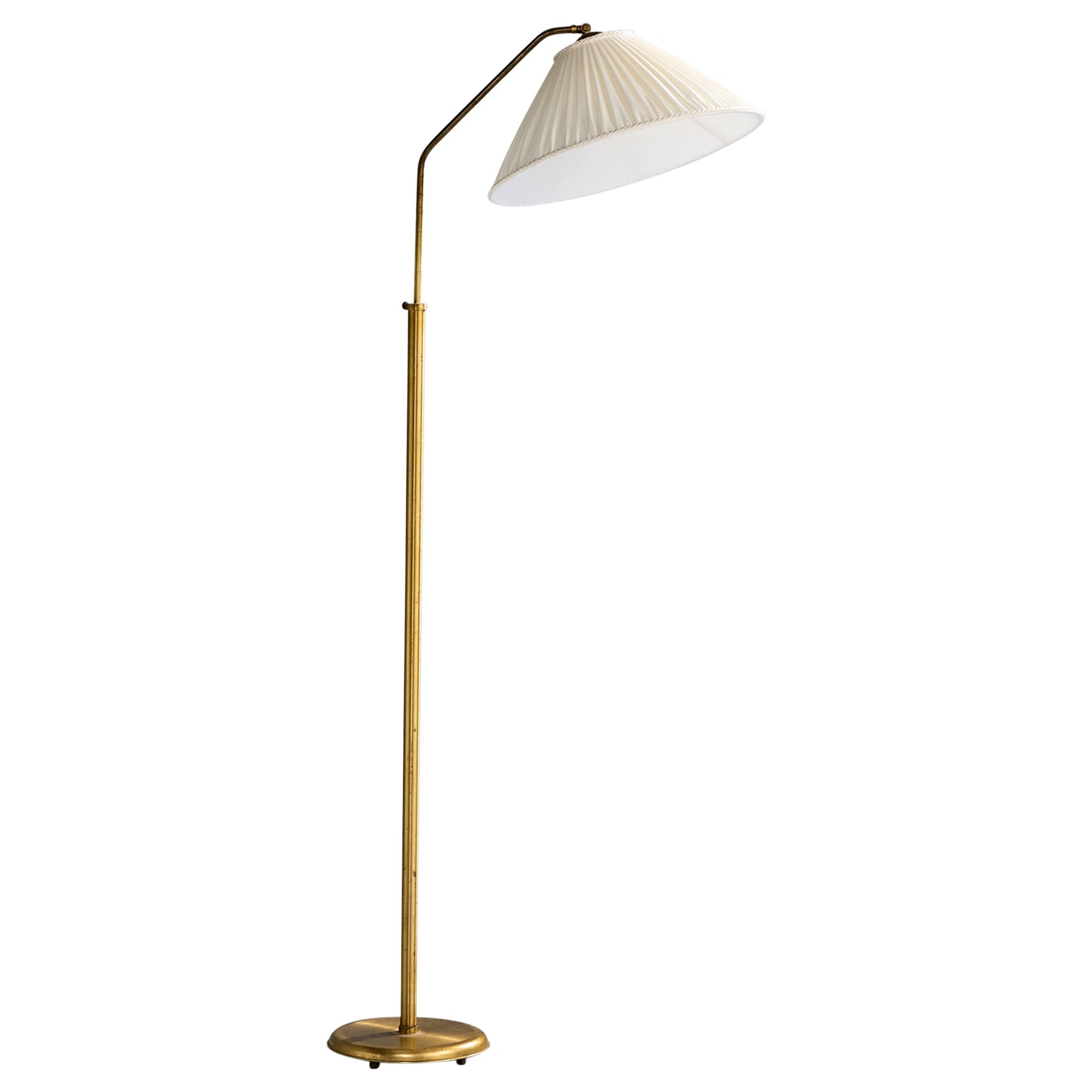 Swedish Designer, Floor Lamp, Brass, Fabric, Sweden, 1940s