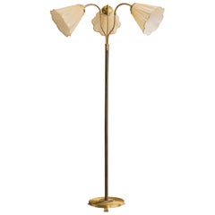 Swedish Designer, Floor Lamp, Brass, Fabric, Sweden, 1940s