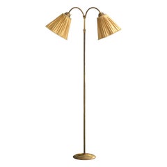 Swedish Designer, Floor Lamp, Brass, Fabric, Sweden, 1940s
