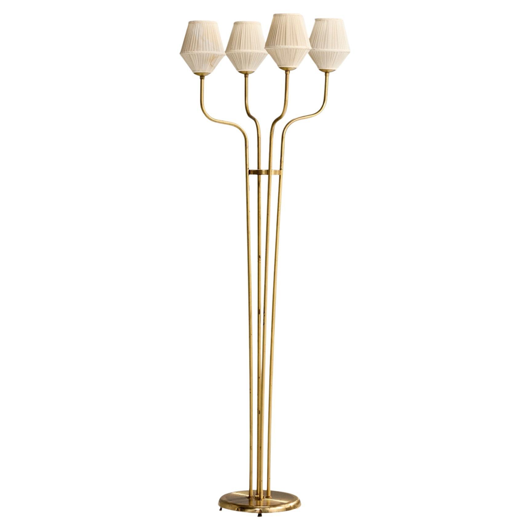 Swedish Designer, Floor Lamp, Brass, Fabric, Sweden, 1940s