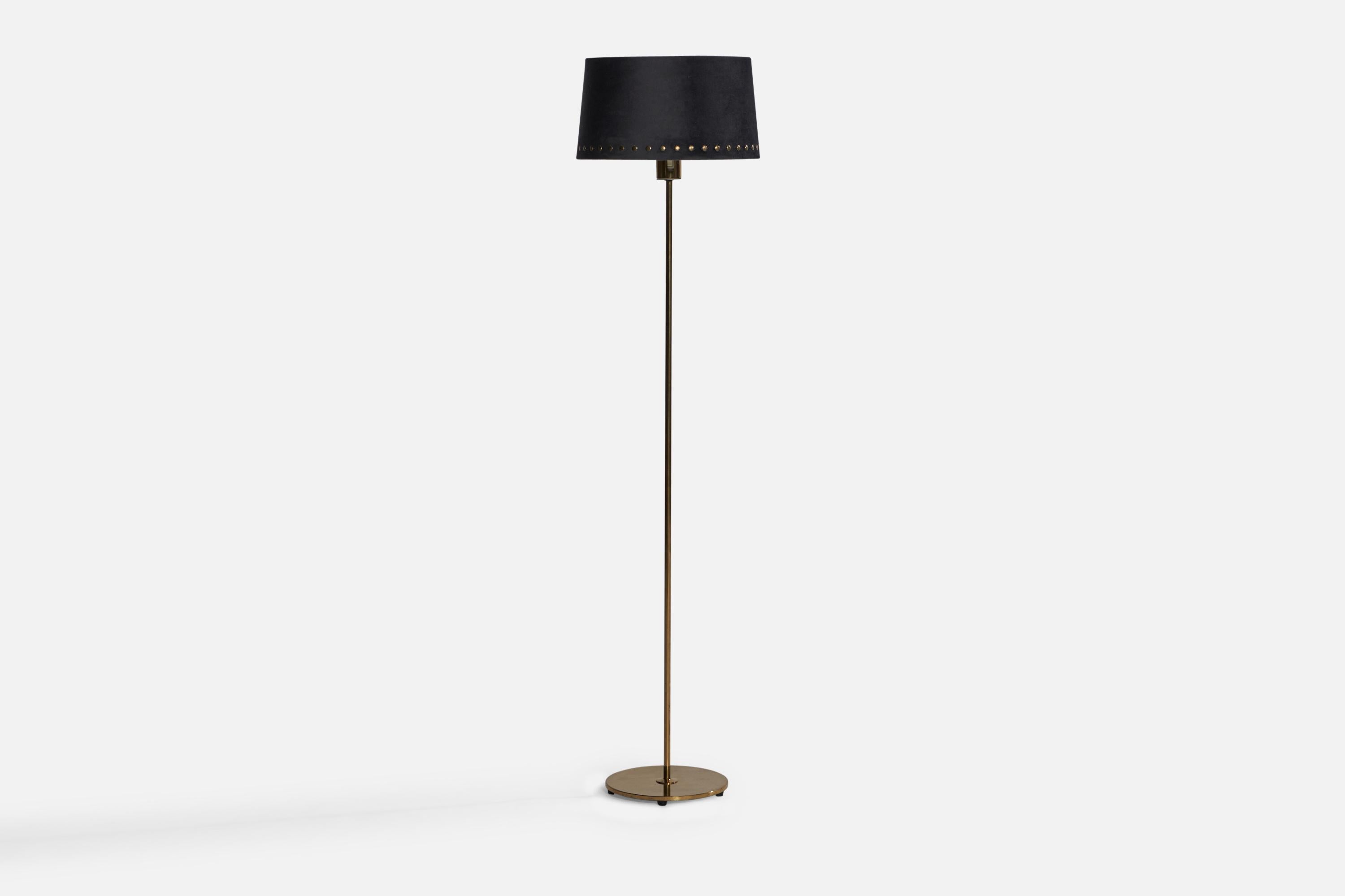 A brass and black fabric floor lamp designed and produced in Sweden, c. 1950s.

Overall Dimensions (inches): 53.8” H x 13.1” Diameter. Stated dimensions include shade.

Bulb Specifications: E-26 Bulb
Number of Sockets: 1

All lighting will be