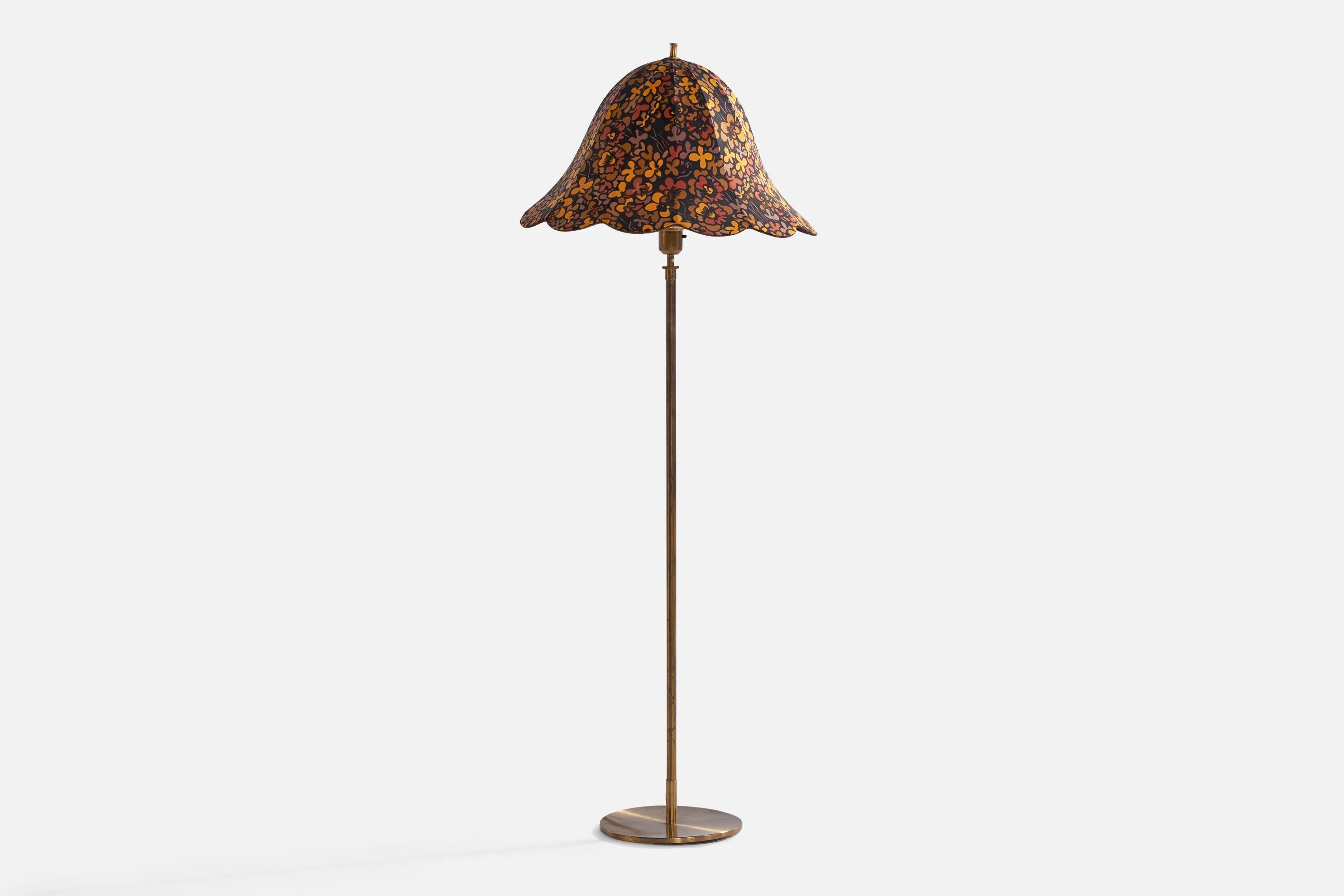 A brass and floral-printed fabric floor lamp designed and produced in Sweden, c. 1960s.

Overall Dimensions (inches): 55.6” H x 21” Diameter
Stated dimensions include shade.
Bulb Specifications: E-26 Bulb
Number of Sockets: 1
All lighting will be