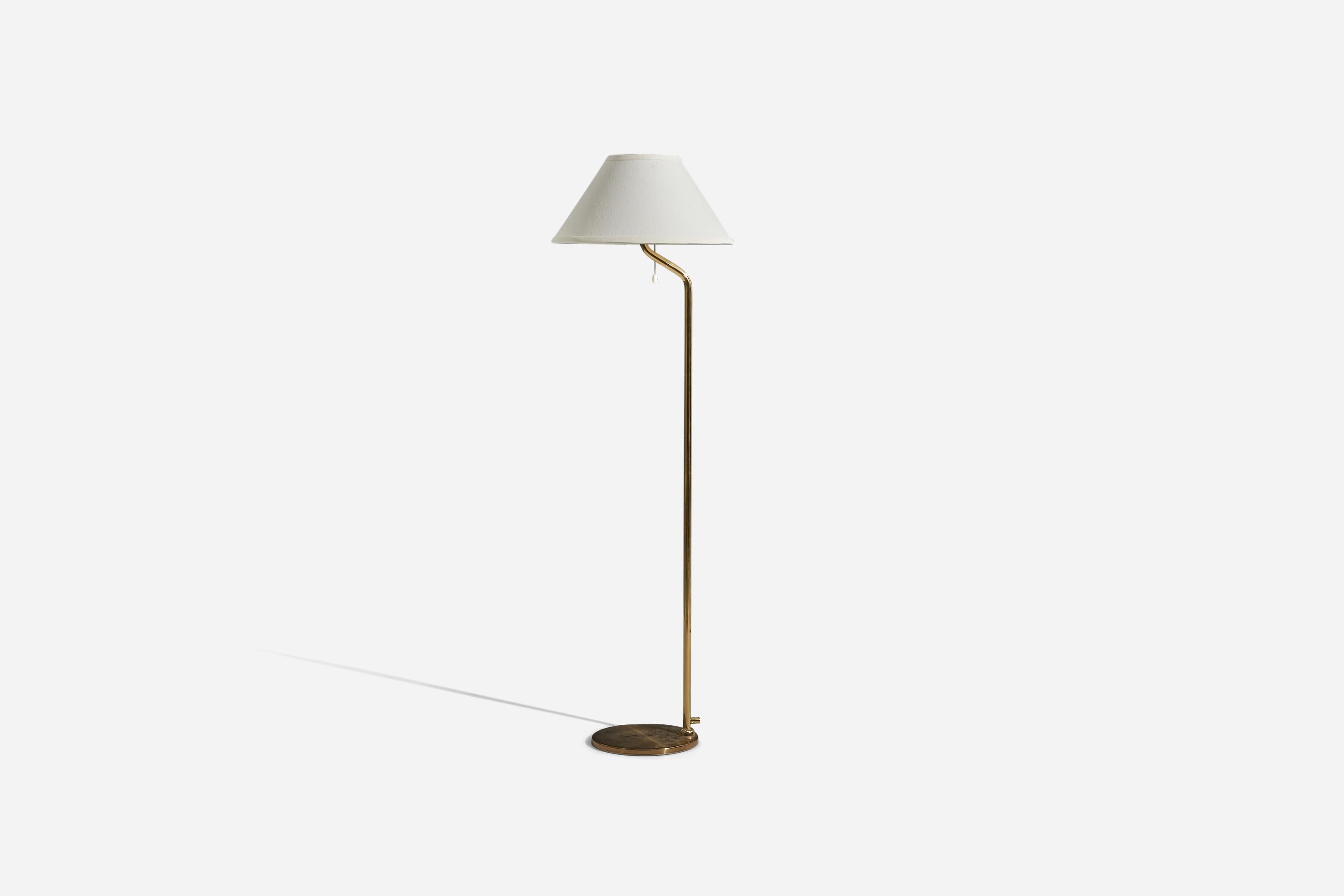 A brass floor lamp designed and produced by a Swedish designer, Sweden, c. 1970s.

Sold with lampshade 
Dimensions of floor lamp (inches) : 44.5 x 8.6875 x 8.6875 (H x W x D)
Dimensions of shade (inches) : 5.75 x 14 x 8 (T x B x H)
Dimensions