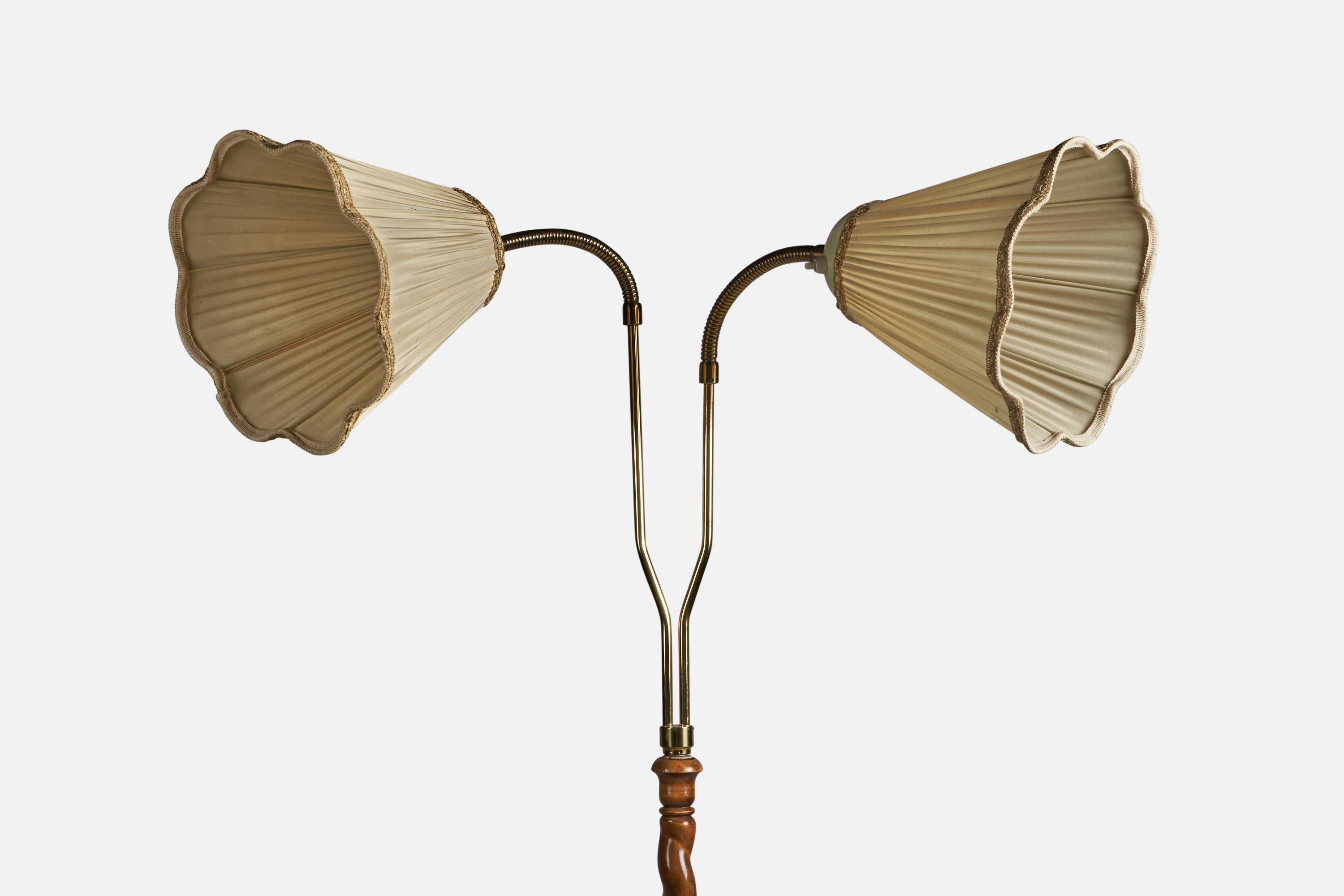 Organic Modern Swedish Designer, Floor Lamp, Brass, Fabric, Wood, Sweden, 1930s