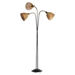 Swedish Designer, Floor Lamp, Brass, Iron, Rattan, Sweden, 1950s