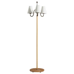 Swedish Designer, Floor Lamp, Brass, Leather, Oak, Fabric, Sweden, 1940s