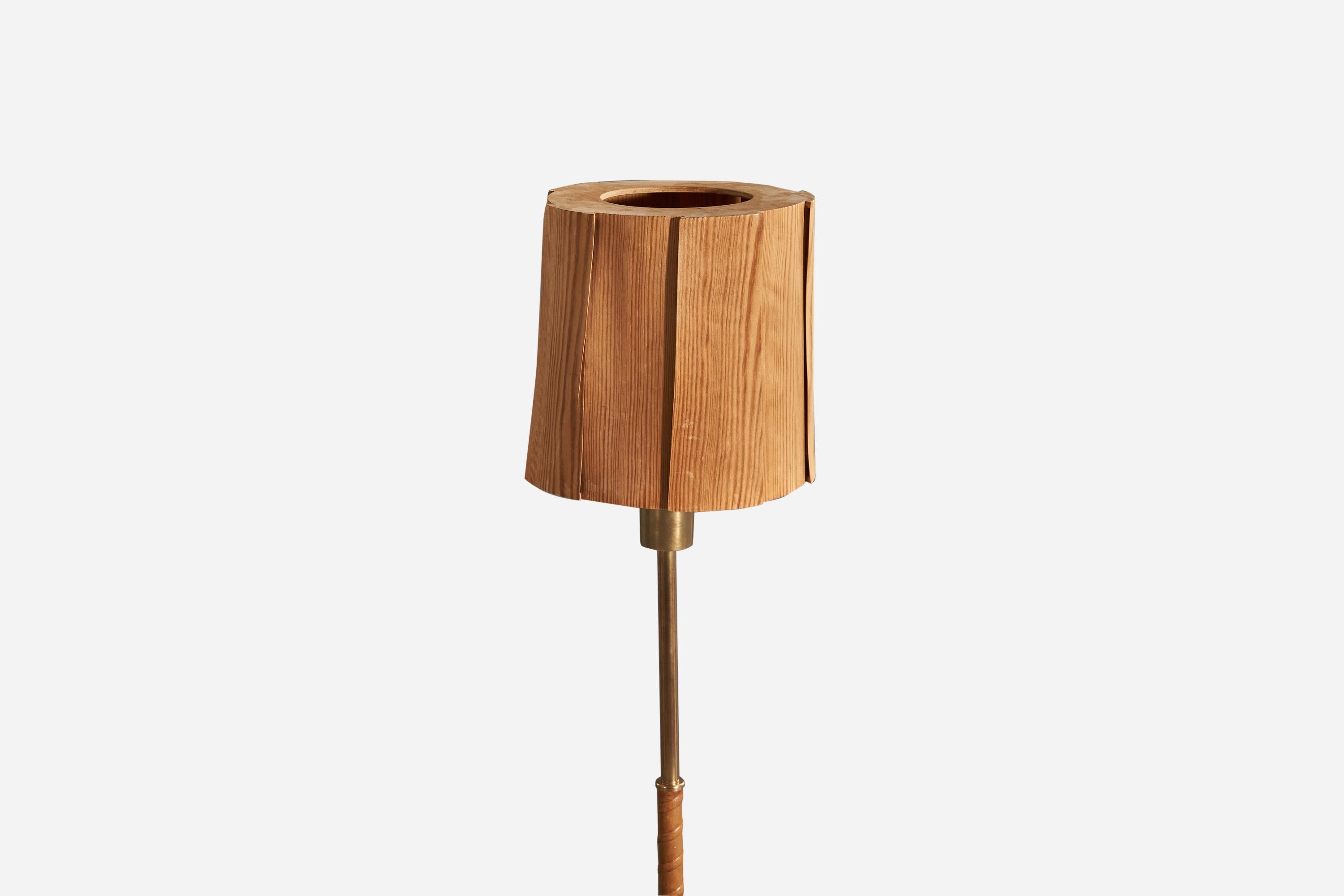 Scandinavian Modern Swedish Designer, Floor Lamp, Brass, Leather, Pine, Sweden, 1940s For Sale