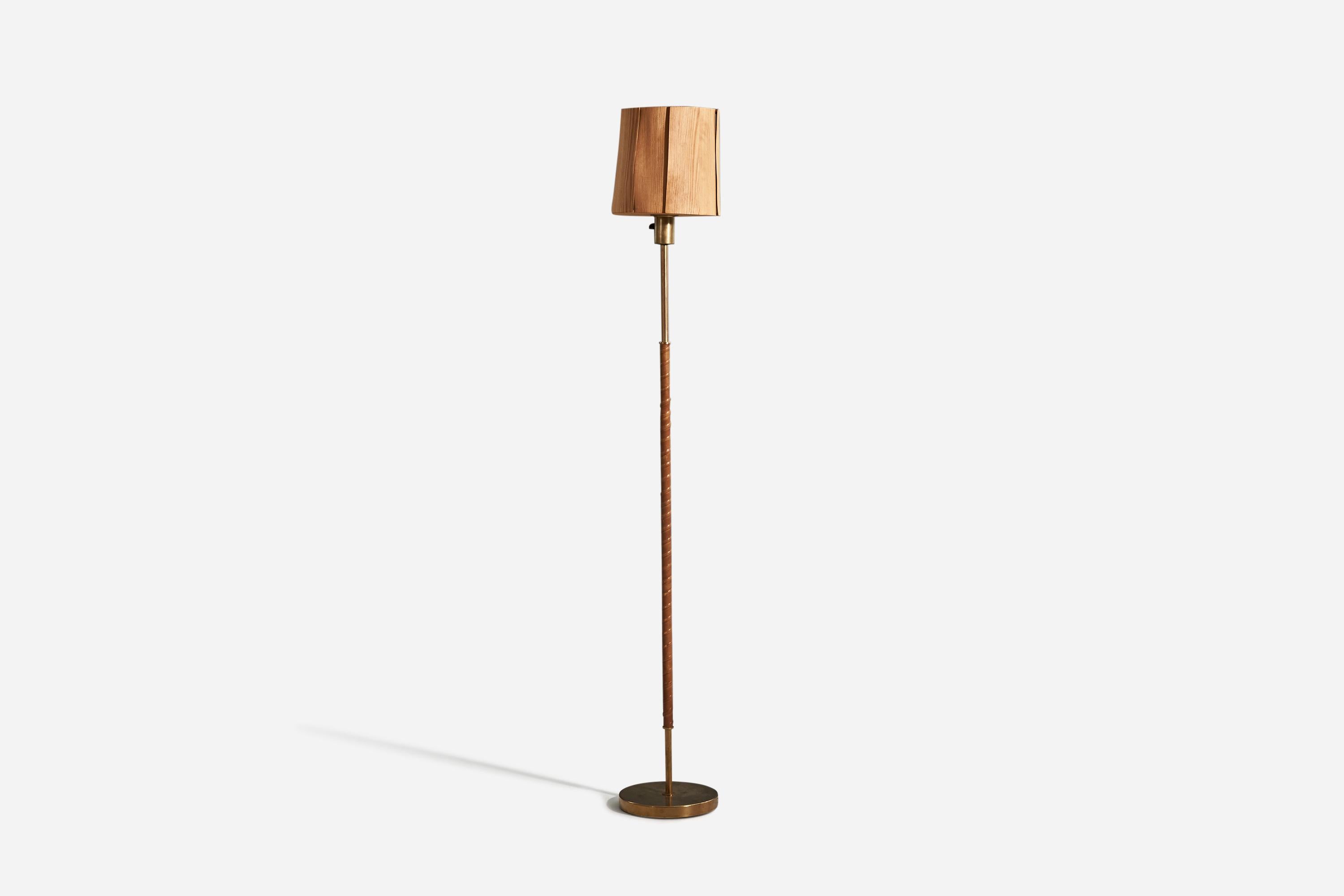 Mid-20th Century Swedish Designer, Floor Lamp, Brass, Leather, Pine, Sweden, 1940s For Sale
