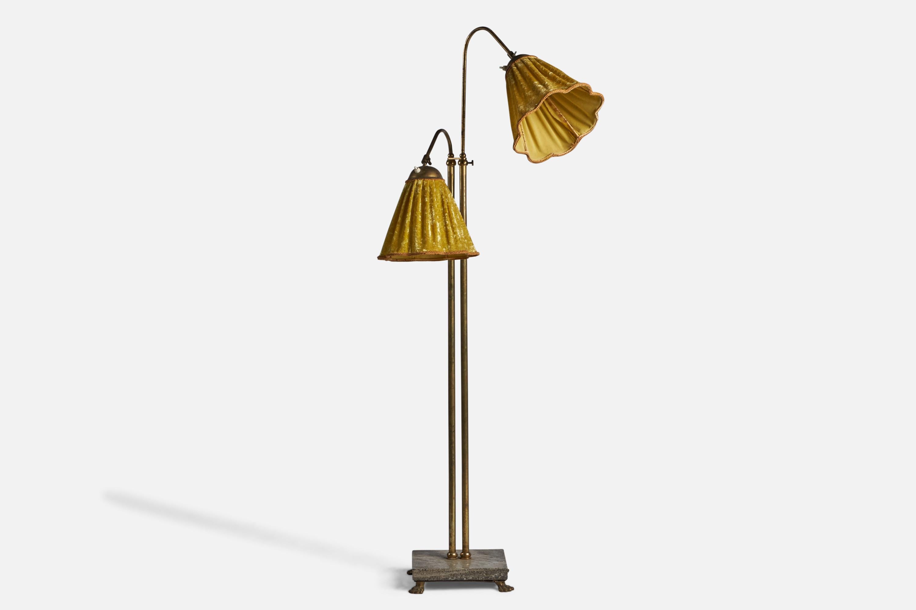 Scandinavian Modern Swedish Designer, Floor Lamp, Brass, Marble, Fabric, Sweden, 1930s For Sale
