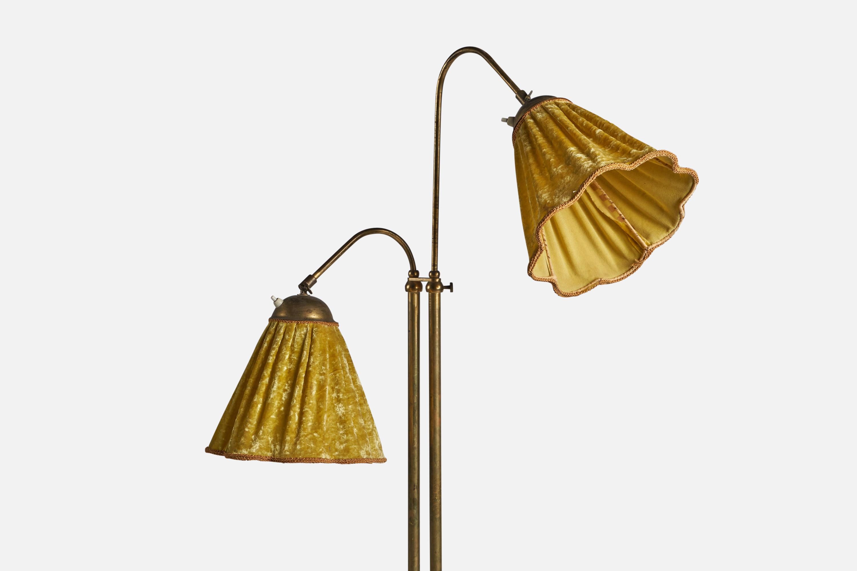 Swedish Designer, Floor Lamp, Brass, Marble, Fabric, Sweden, 1930s In Good Condition For Sale In High Point, NC