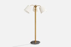 Schwedische Designerin, Stehlampe, Messing, Marmor, Stoff, Schweden, 1940er Jahre