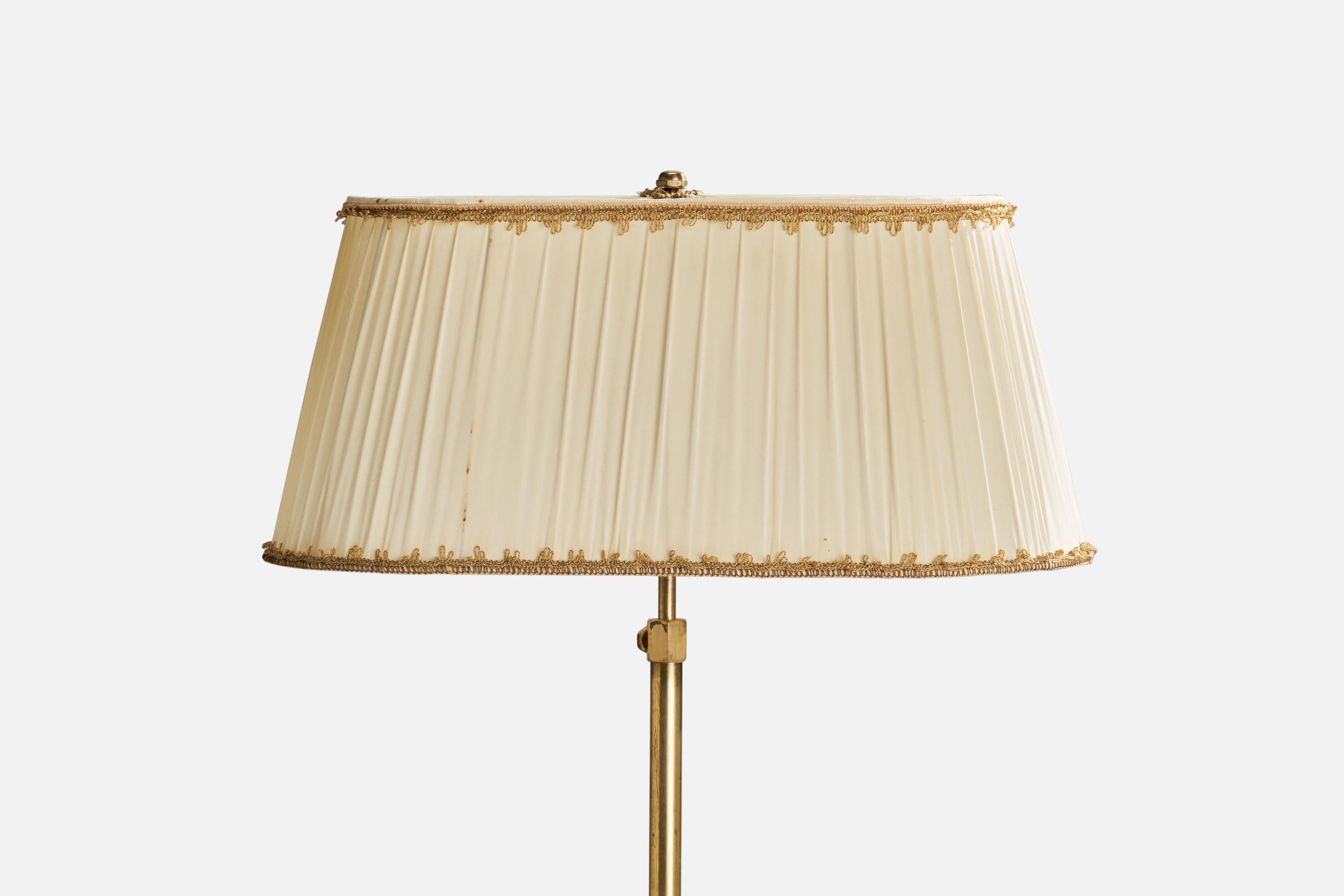 Scandinavian Modern Swedish Designer, Floor Lamp, Brass, Masur Birch, Fabric, Sweden, 1930s For Sale