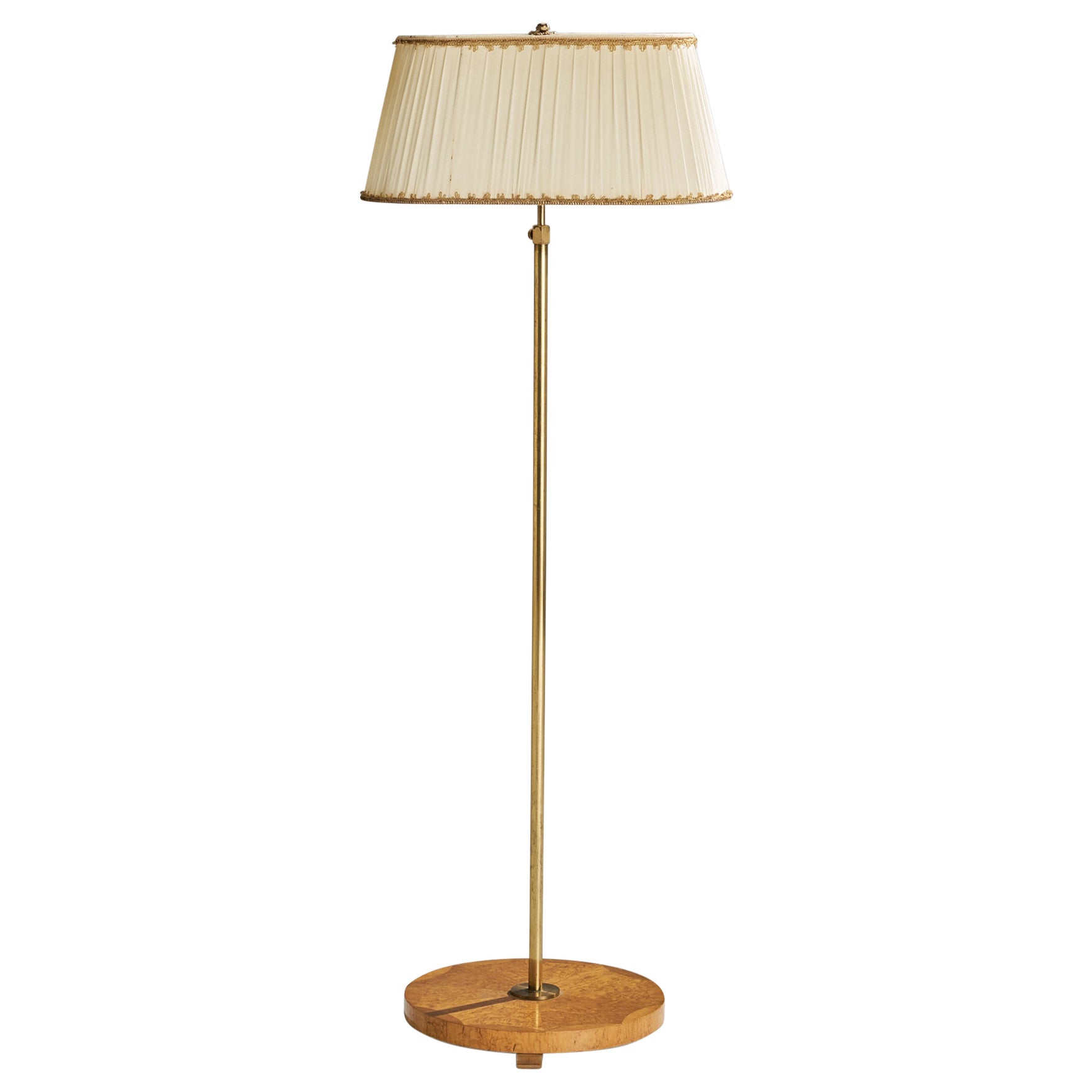 Lampada da terra di design svedese, ottone, betulla Masur, tessuto, Svezia, anni '30