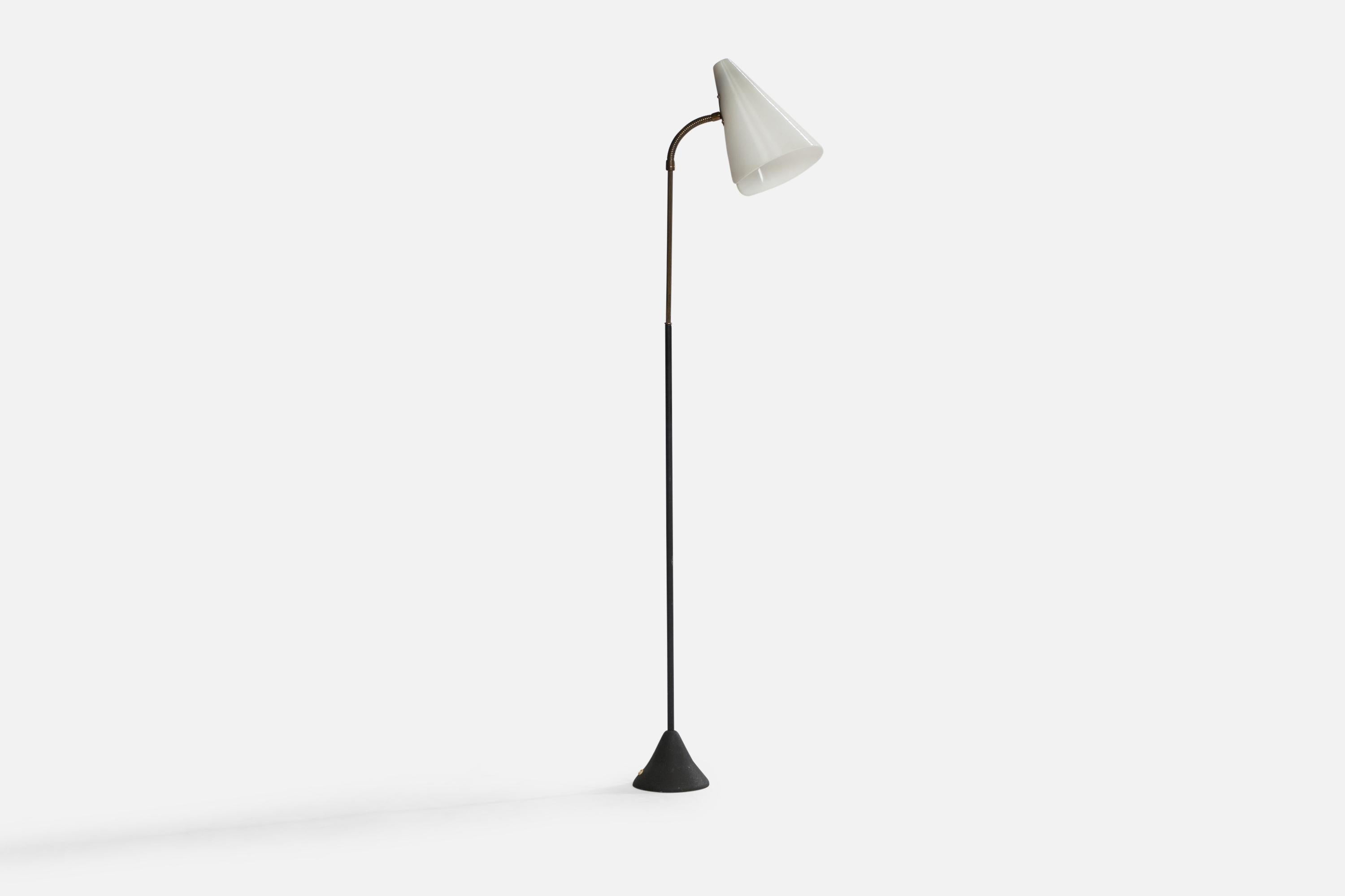 An adjustable brass, acrylic and black-lacquered metal floor lamp designed and produced in Sweden, 1950s.

Overall Dimensions (inches): 52.05” x 7.05” W x 14.45” D. 
Dimensions vary based on position of lights.
Bulb Specifications: E-26 Bulb
Number