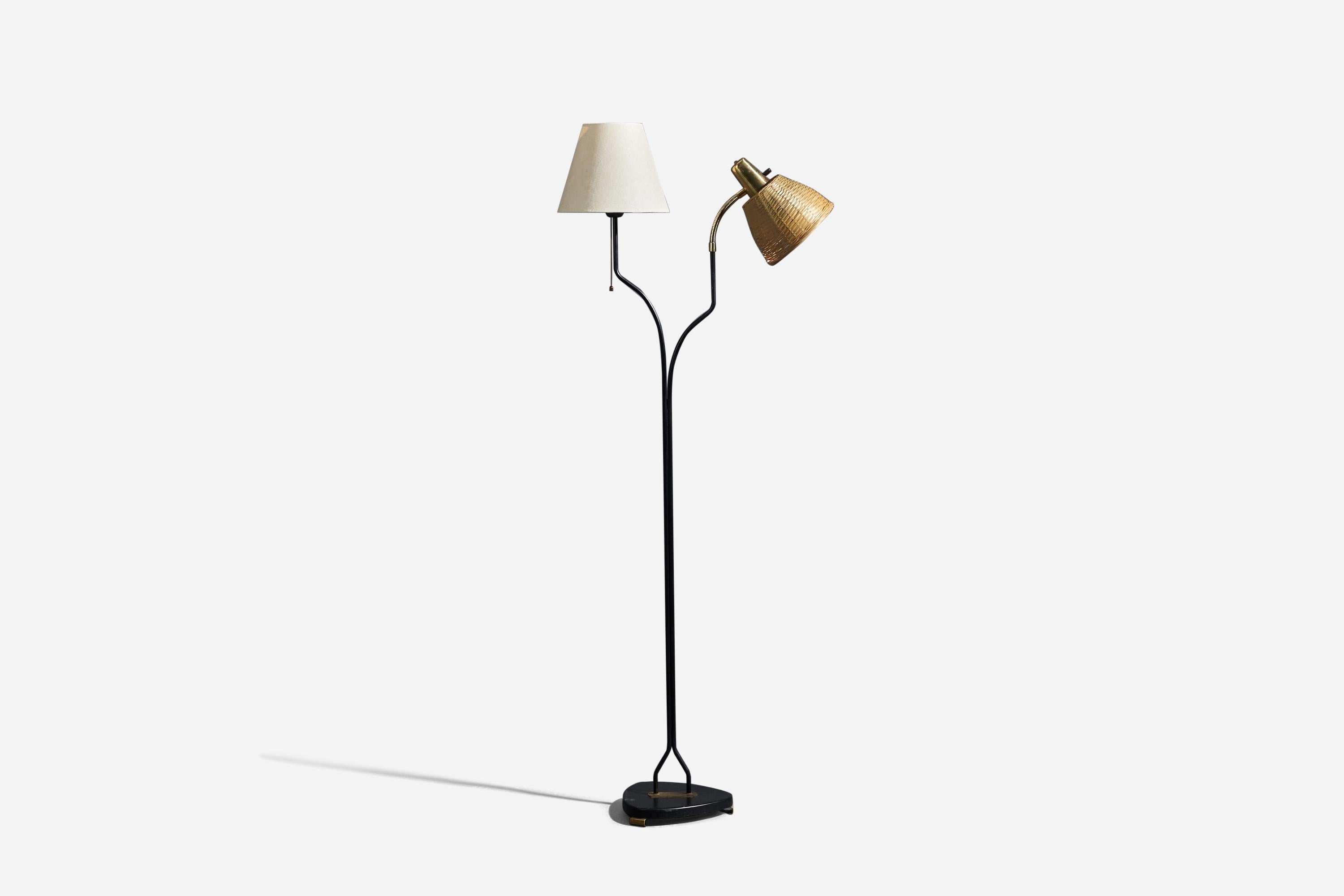 A brass, metal, fabric and rattan floor lamp designed and produced in Sweden, 1950s.

Sold with Lampshades. Dimensions stated are of Floor Lamp with Lampshades. 

Dimensions variable, measured as illustrated in first image.

Sockets take