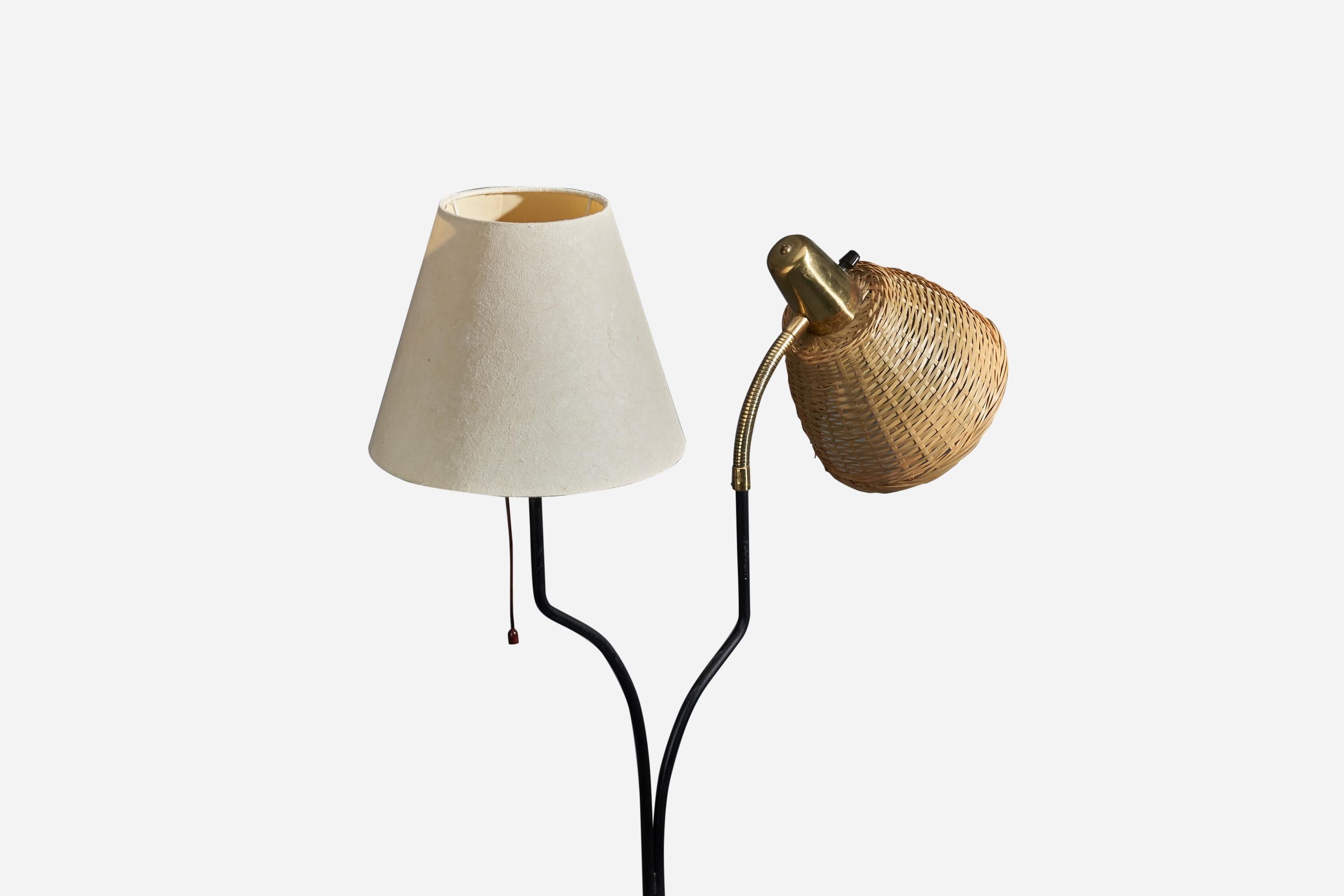 Scandinavian Modern Swedish Designer, Floor Lamp, Brass, Metal, Fabric, Rattan, Sweden, 1950s For Sale