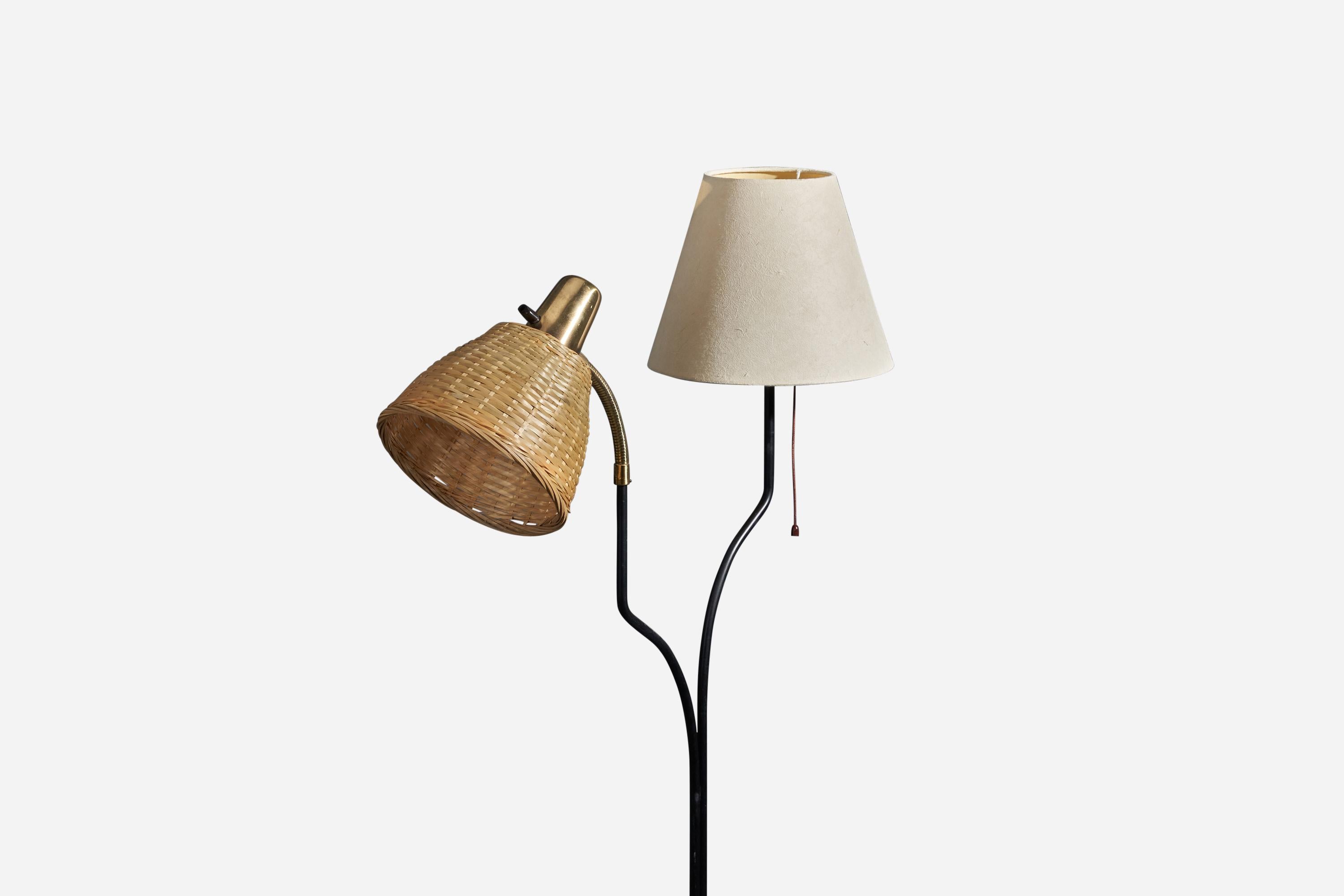 Mid-20th Century Swedish Designer, Floor Lamp, Brass, Metal, Fabric, Rattan, Sweden, 1950s For Sale