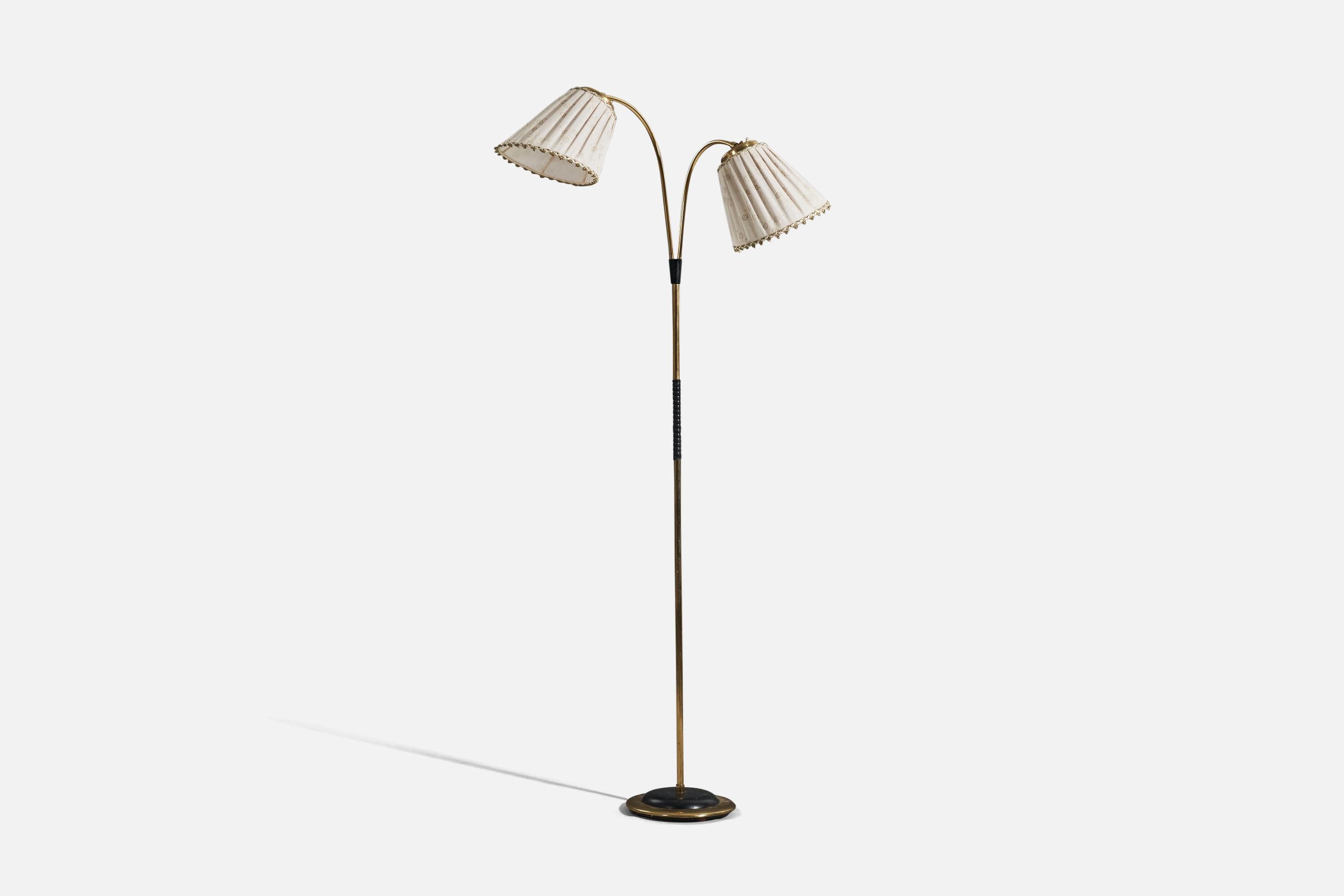 A brass, metal and fabric floor lamp designed and produced by a Swedish designer, Sweden, 1940s. 

Sold with lampshades. 
Dimensions stated refer to the floor lamp with the shade.
 