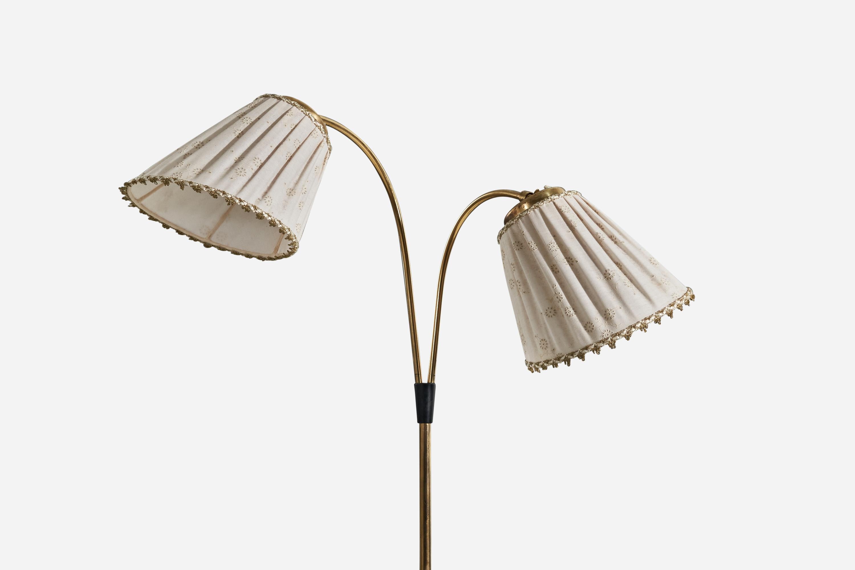 Scandinavian Modern Swedish Designer, Floor Lamp, Brass, Metal, Fabric, Sweden, 1940s