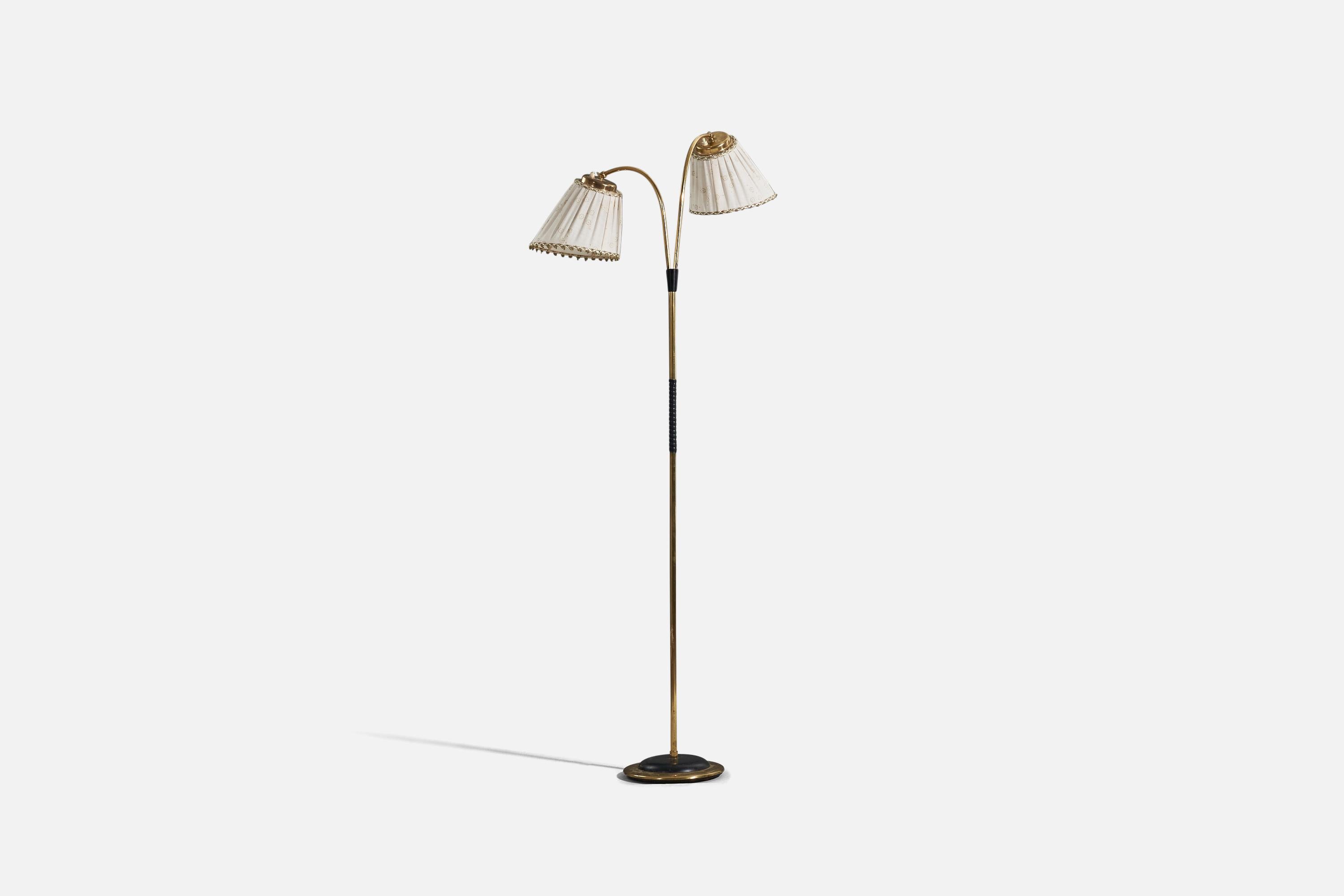 Swedish Designer, Floor Lamp, Brass, Metal, Fabric, Sweden, 1940s 1