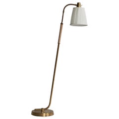 Lampadaire de designer suédois, laiton, métal, tissu, Suède, années 1940