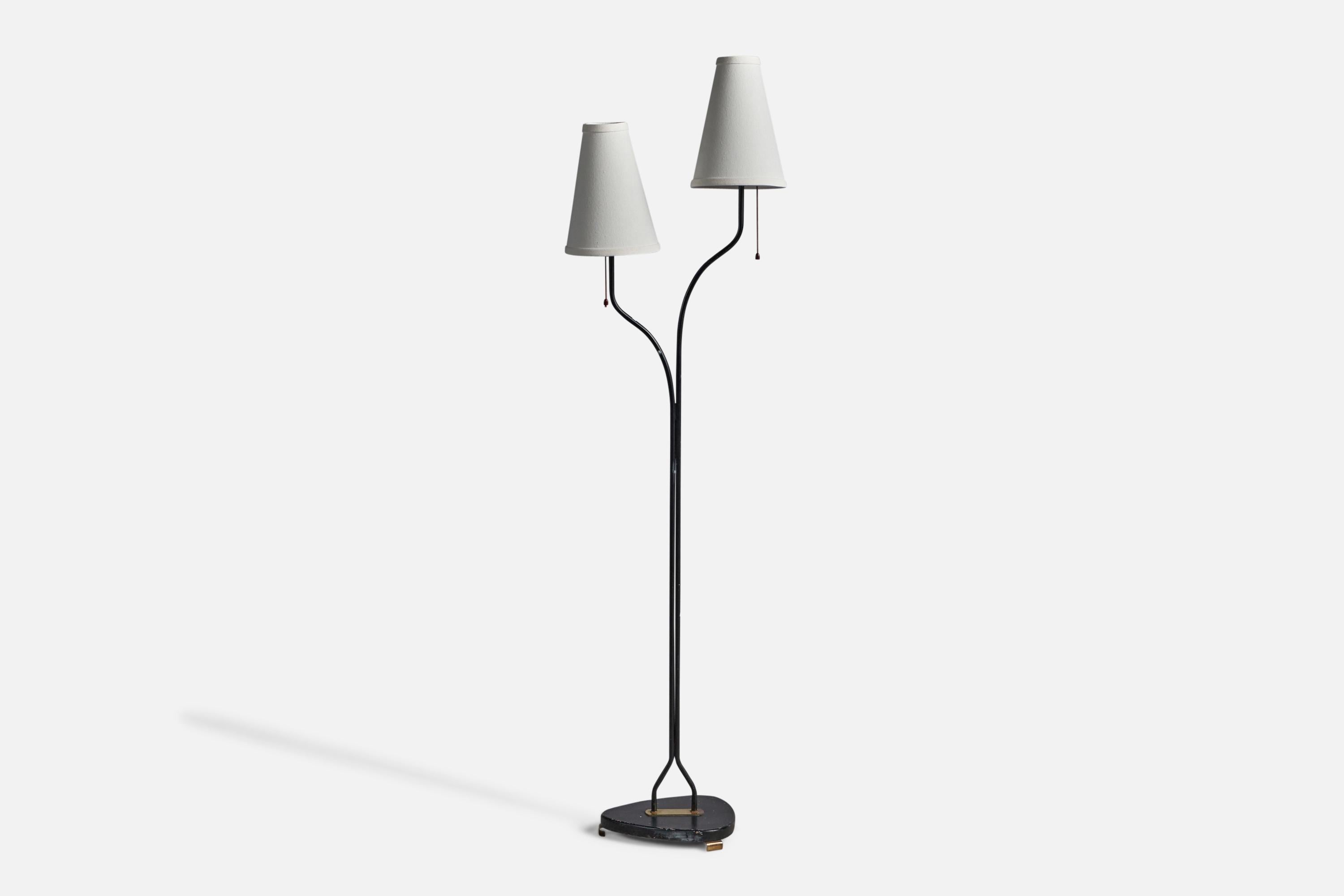 A two-armed black-lacquered metal, brass and white fabric floor lamp, designed and produced in Sweden, 1950s.

Overall Dimensions (inches): 52.5
