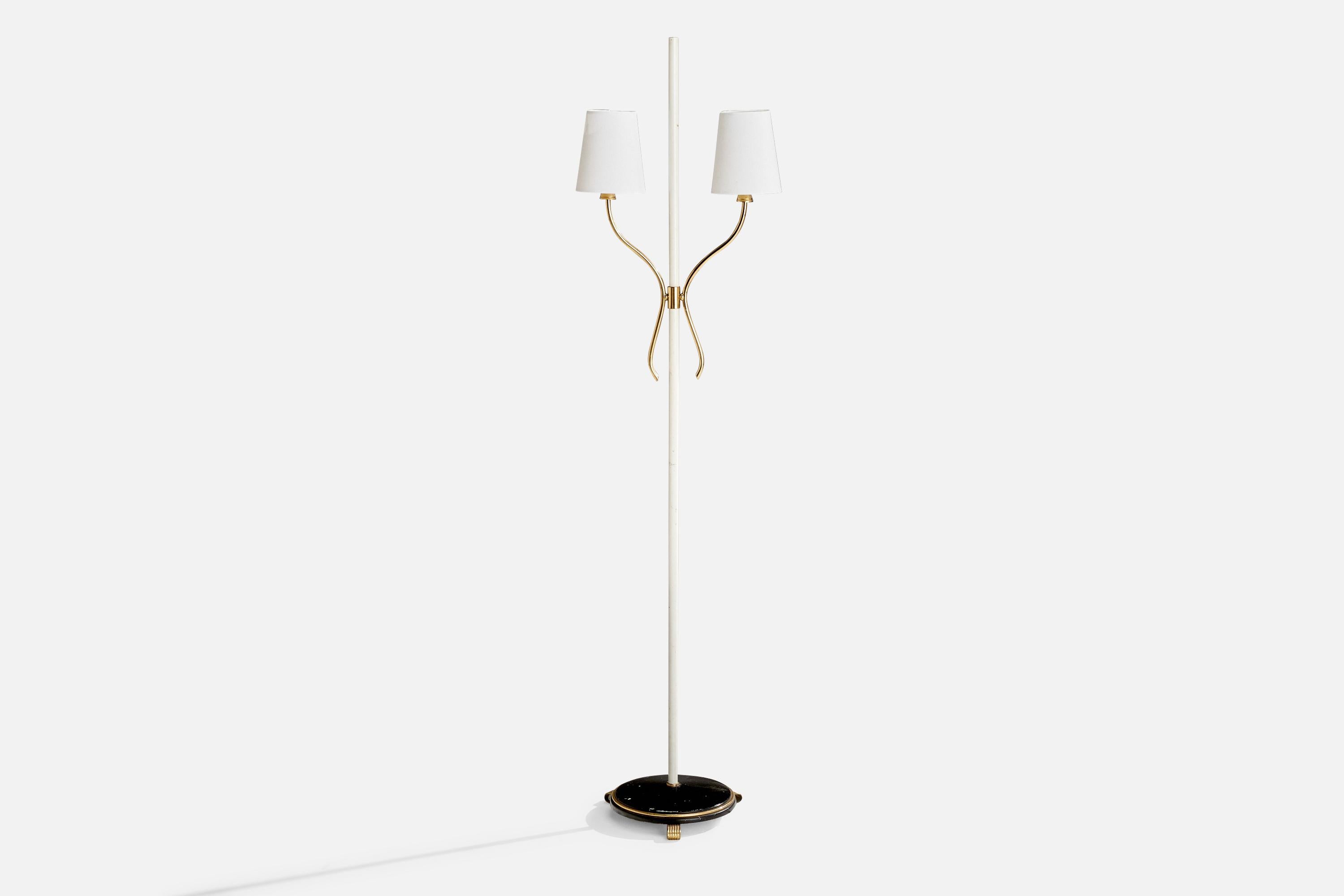 A white and black lacquered metal, brass and white fabric floor lamp designed and produced in Sweden, 1950s.

Overall Dimensions (inches): 58.75” H x 15” W x 8.5” D
Stated dimensions include shade.
Bulb Specifications: E-26 Bulb
Number of Sockets: