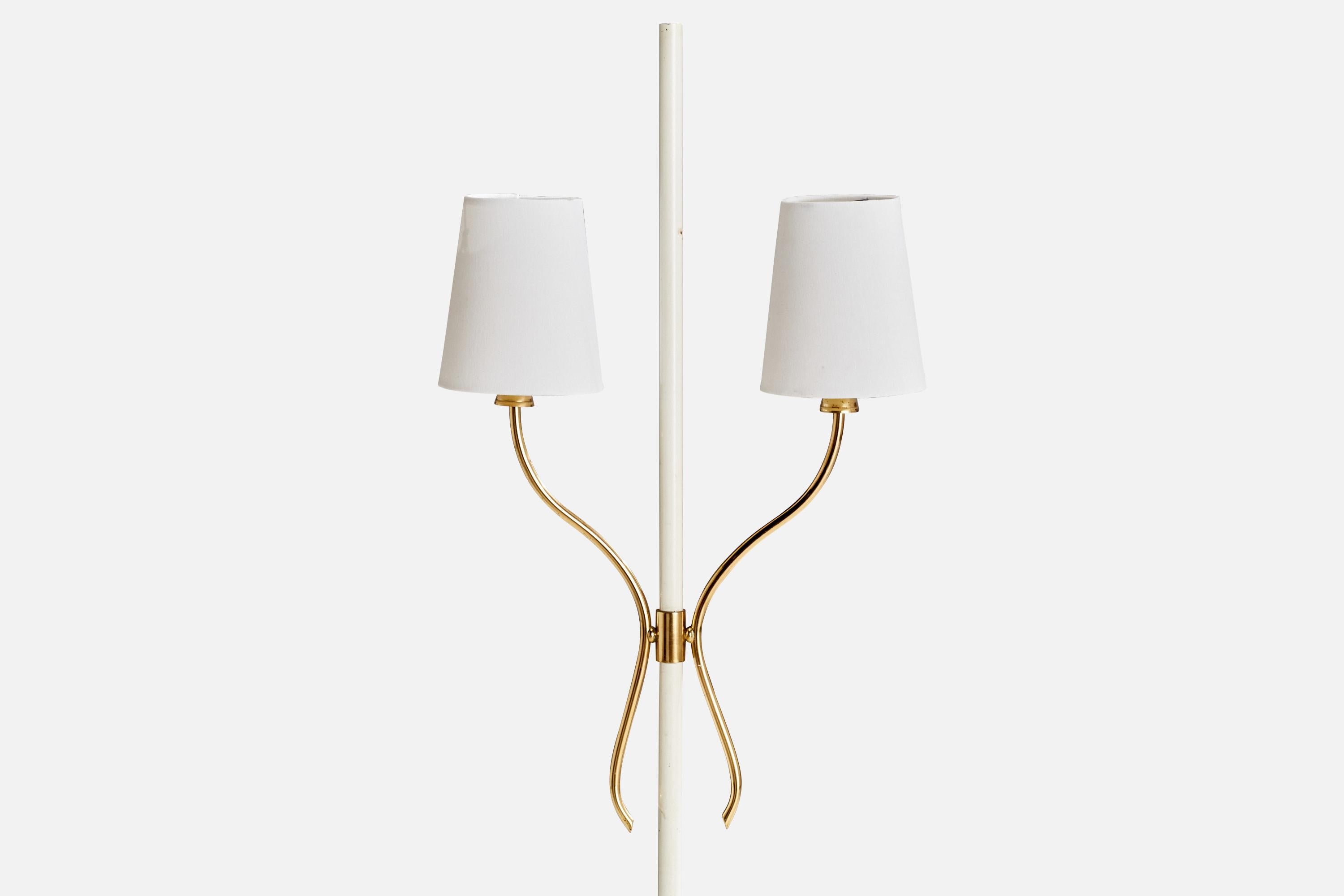 Scandinavian Modern Swedish Designer, Floor Lamp, Brass, Metal, Fabric, Sweden, 1950s For Sale