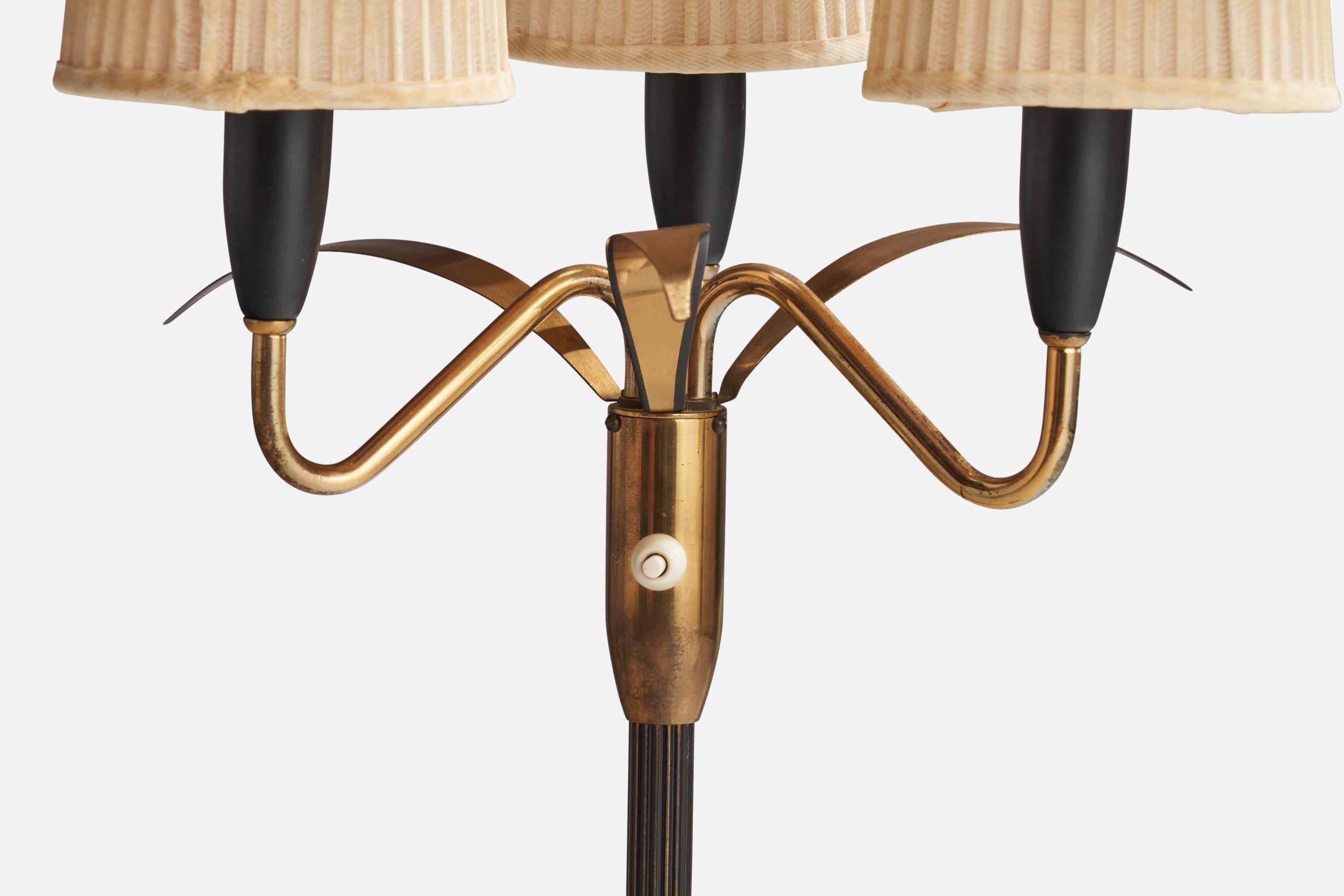 Mid-20th Century Swedish Designer, Floor Lamp, Brass, Metal, Fabric, Sweden, 1950s