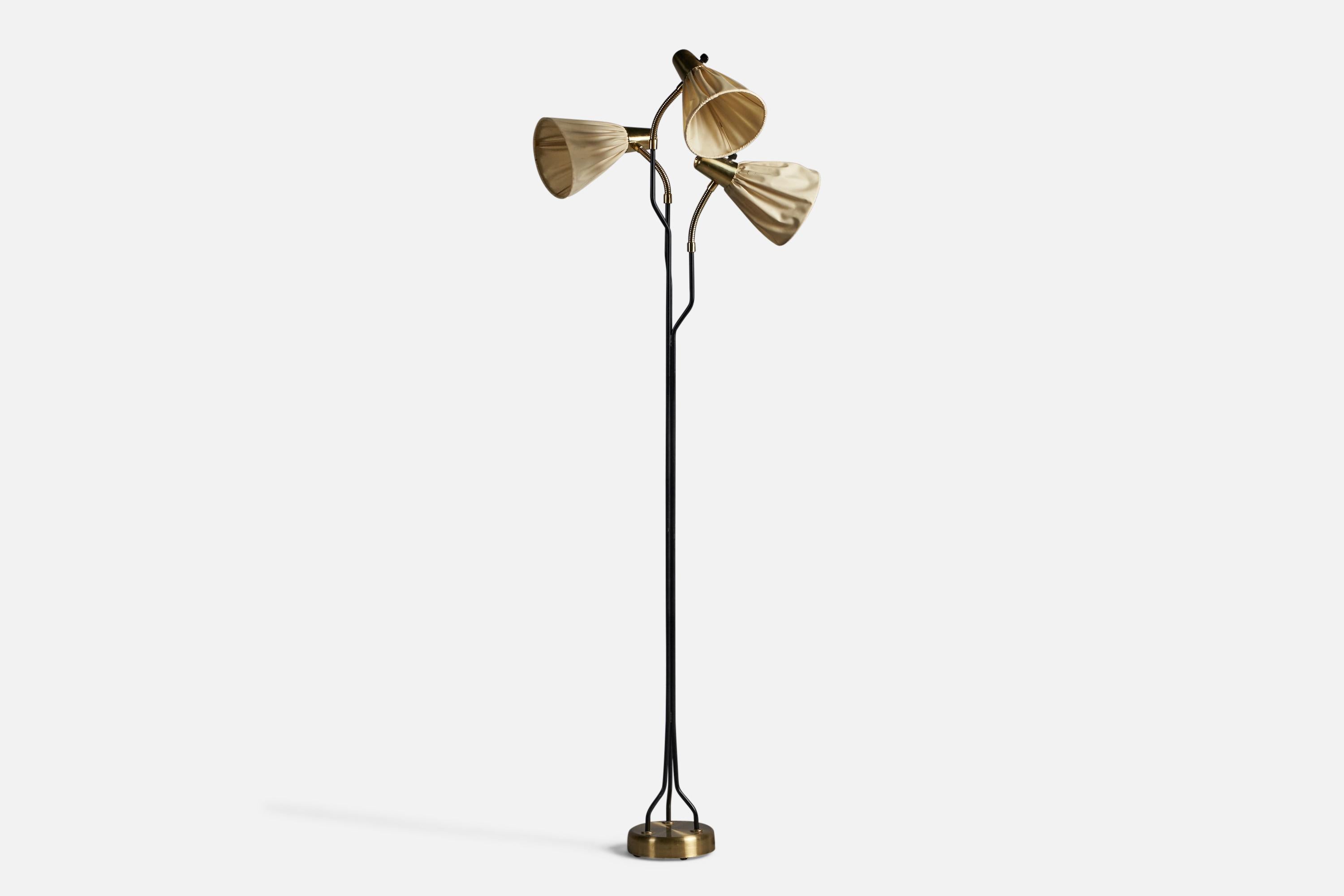 An adjustable three-armed brass, black-lacquered metal, and beige fabric floor lamp, designed and produced in Sweden, 1960s.

Overall Dimensions (inches): 61.5