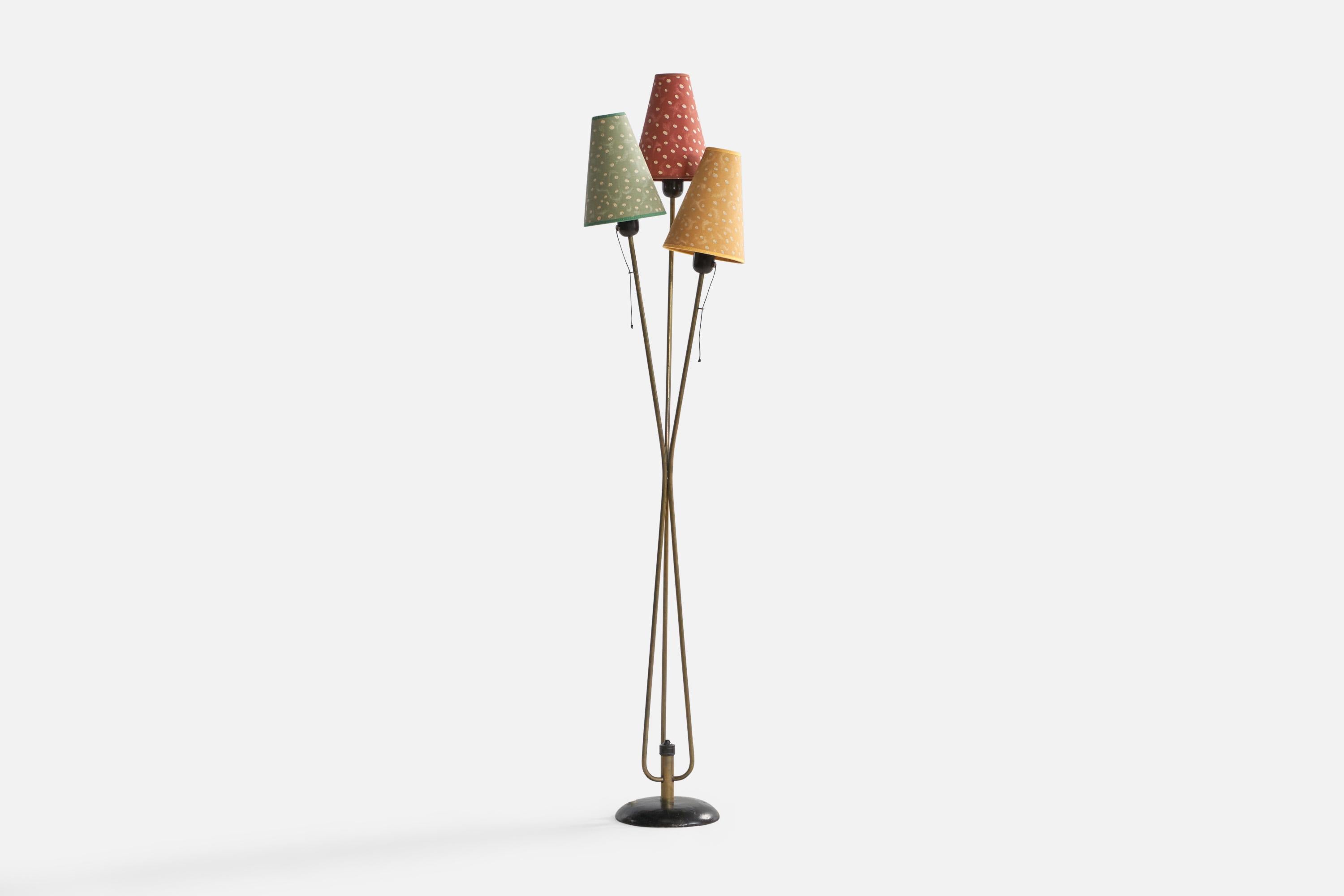 A brass, black-lacquered metal and green, yellow and red fabric floor lamp designed and produced in Sweden, c. 1960s.

Overall Dimensions (inches): 53.5” H x 11.5” W x 11” D. Stated dimensions include shades.
Bulb Specifications: E-26 Bulbs
Number