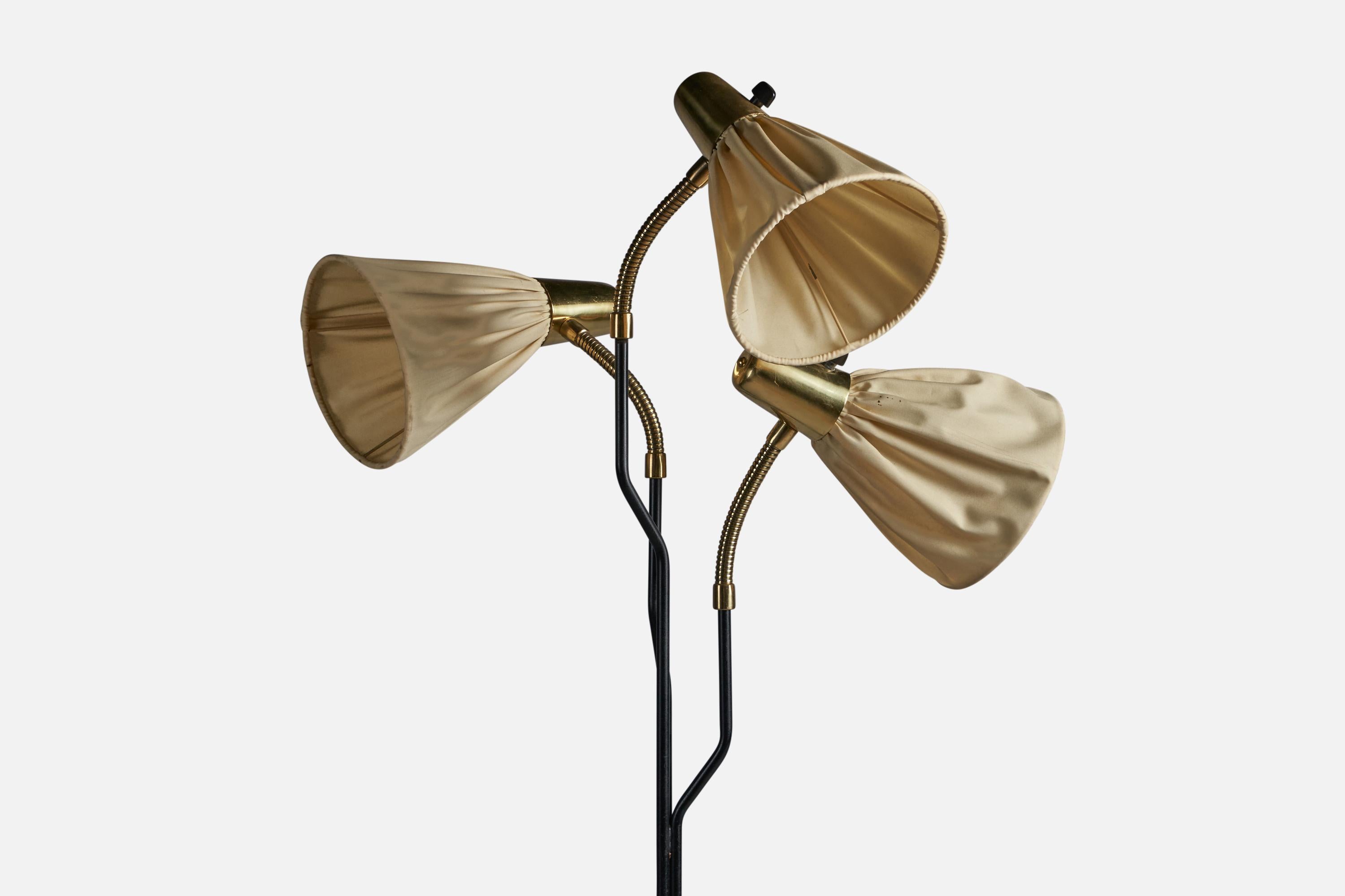 Mid-Century Modern Swedish Designer, Floor Lamp, Brass, Metal, Fabric, Sweden, 1960s For Sale