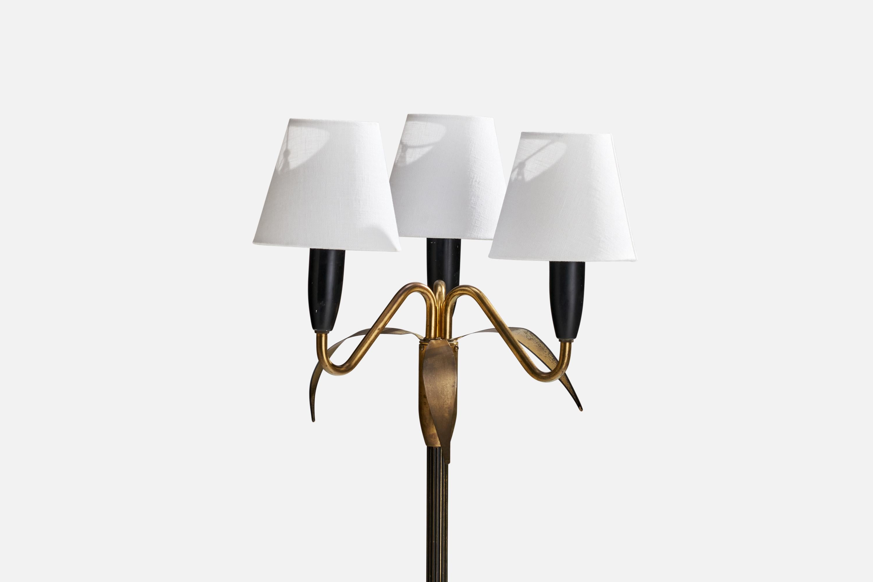 Mid-Century Modern Swedish Designer, Floor Lamp, Brass, Metal, Fabric, Sweden, 1960s For Sale