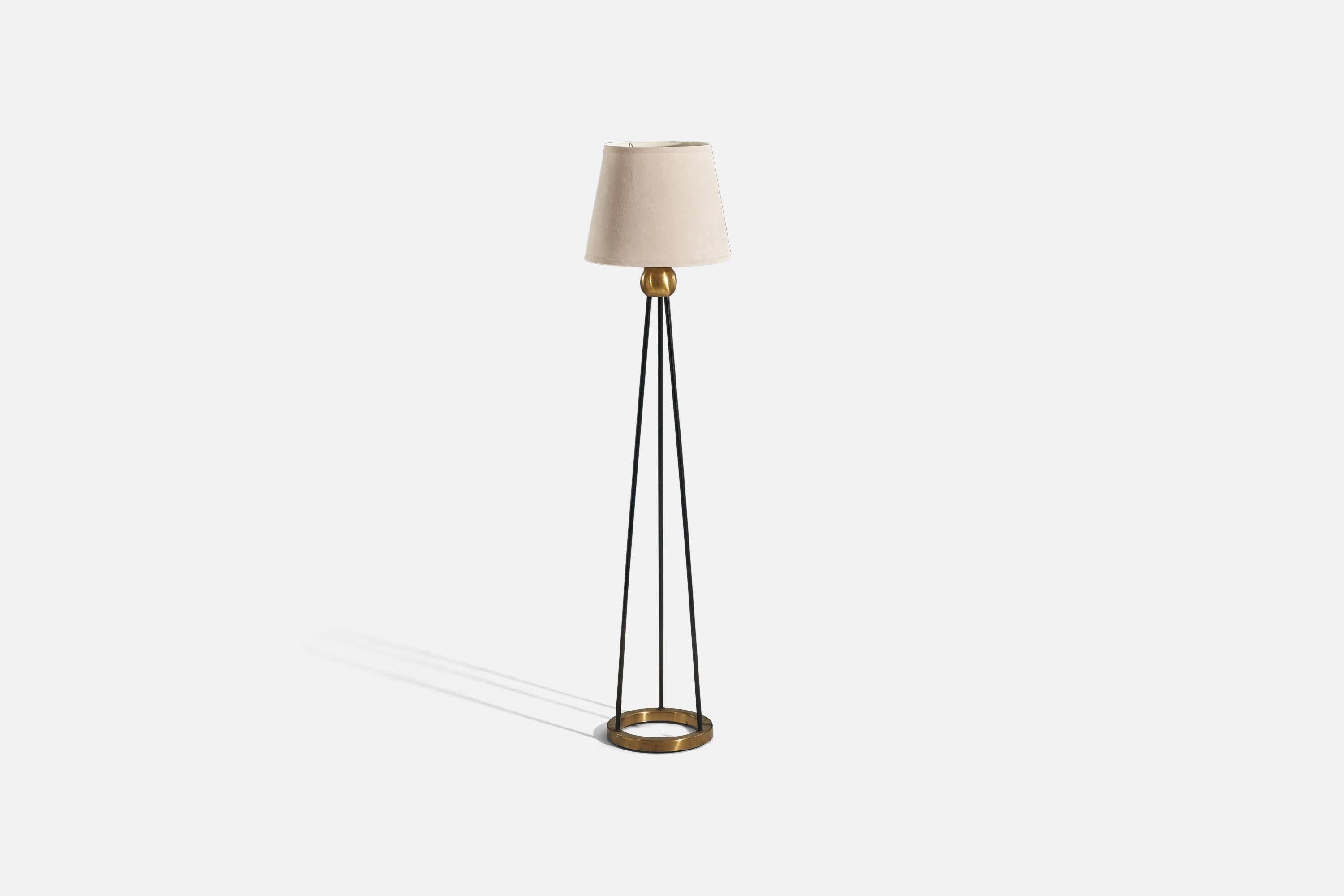 A brass, black-lacquered metal, glass and fabric floor lamp designed and produced in Sweden, circa 1950s-1960s. 

Sold with Lampshade(s). 
Stated dimensions refer to the Floor Lamp with the Shade(s). 

Socket takes standard E-26 medium base