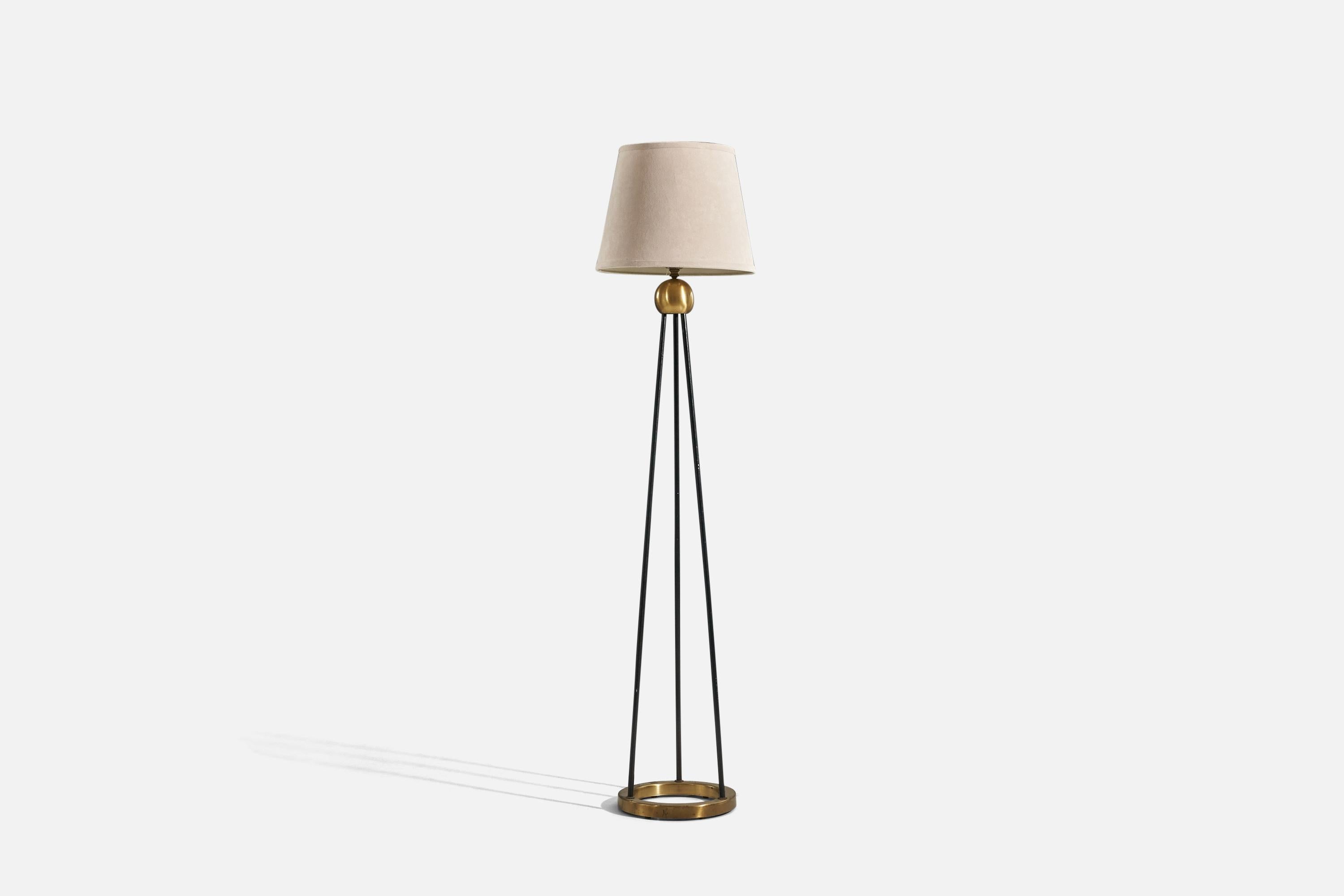 Mid-20th Century Swedish Designer, Floor Lamp, Brass, Metal, Glass, Fabric, Sweden, 1950s