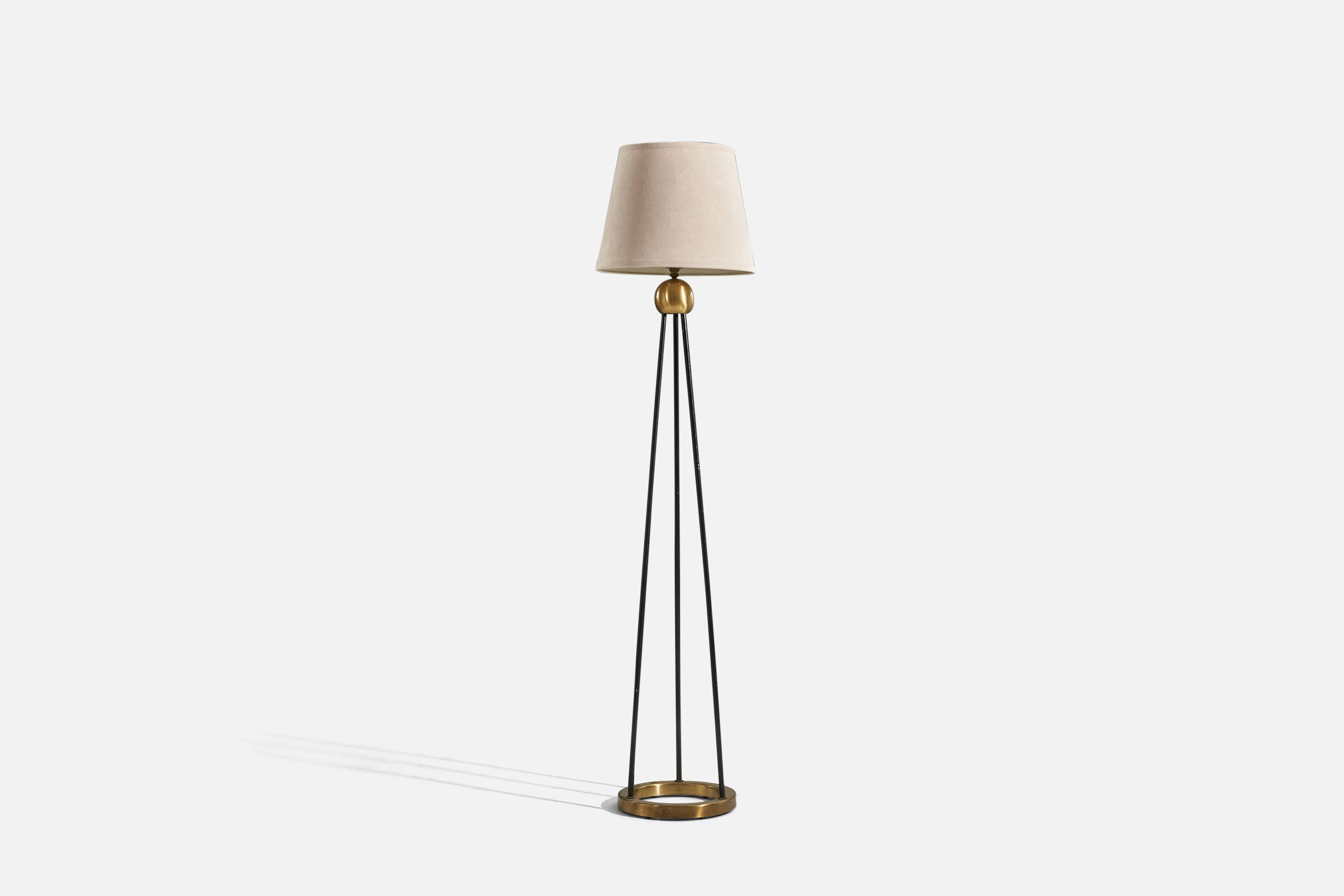 Swedish Designer, Floor Lamp, Brass, Metal, Glass, Fabric, Sweden, 1950s