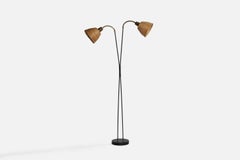 Schwedische Designerin, Stehlampe, Messing, Metall, Kunststoff, Rattan, Schweden, 1950er Jahre