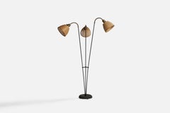 Swedish Designer, Floor Lamp, Brass, Metal, Rattan, Sweden, 1950s