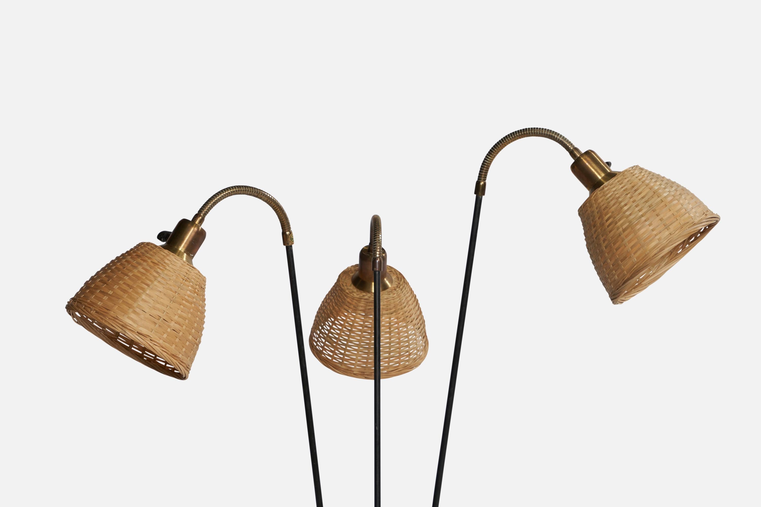 Swedish Designer, Floor Lamp, Brass, Metal, Rattan, Sweden, 1950s In Good Condition For Sale In High Point, NC