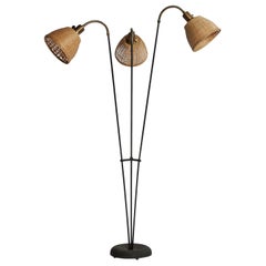 Swedish Designer, Floor Lamp, Brass, Metal, Rattan, Sweden, 1950s