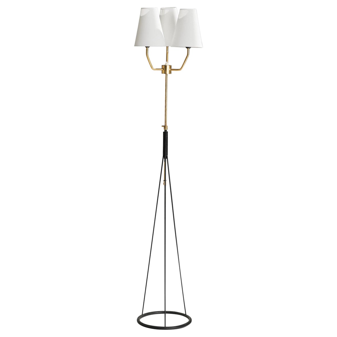 Lampada da terra di design svedese, ottone, metallo, gomma, tessuto, Svezia, anni '60