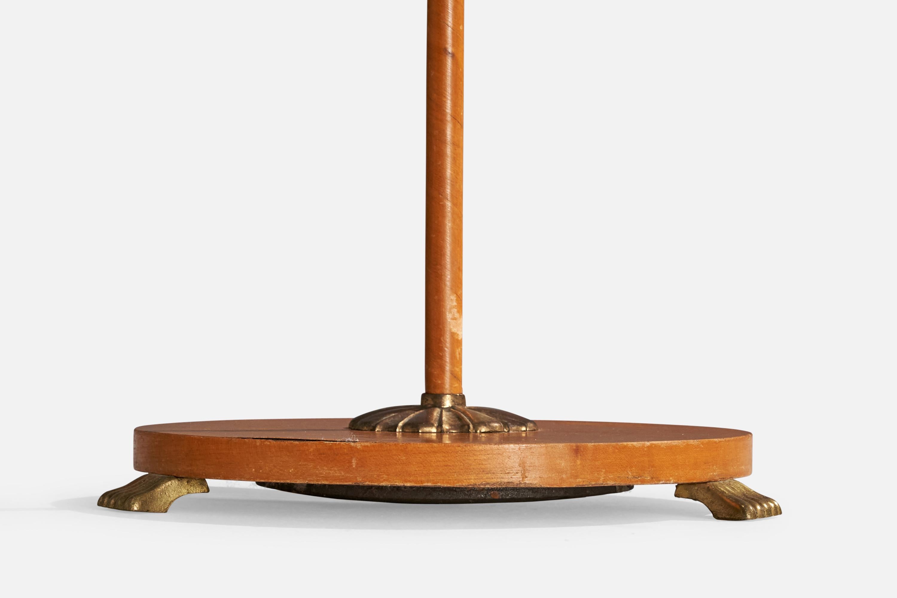 Lampada da terra di design svedese, ottone, quercia, tessuto, Svezia, anni '30 in vendita 3