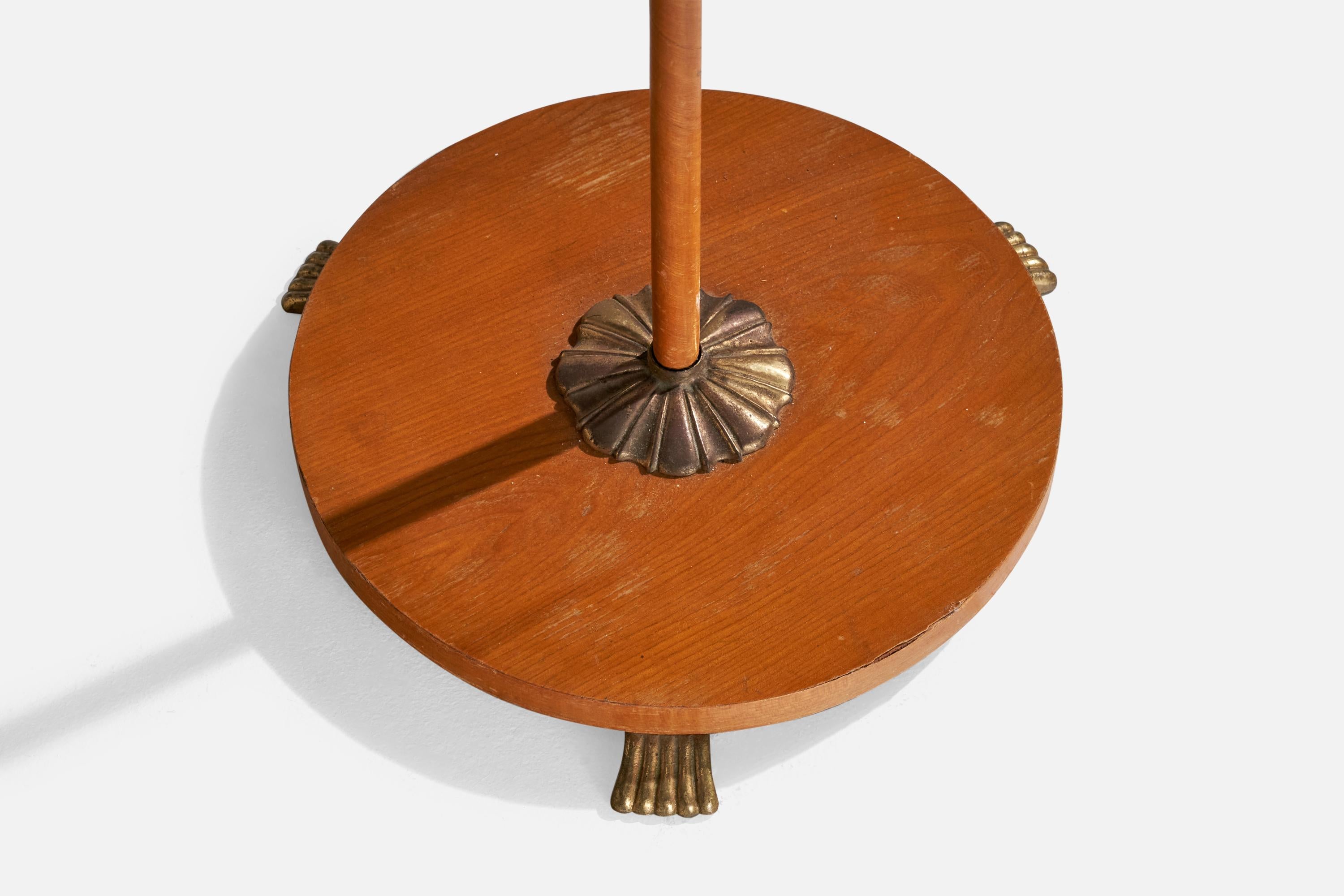 Lampada da terra di design svedese, ottone, quercia, tessuto, Svezia, anni '30 in vendita 2