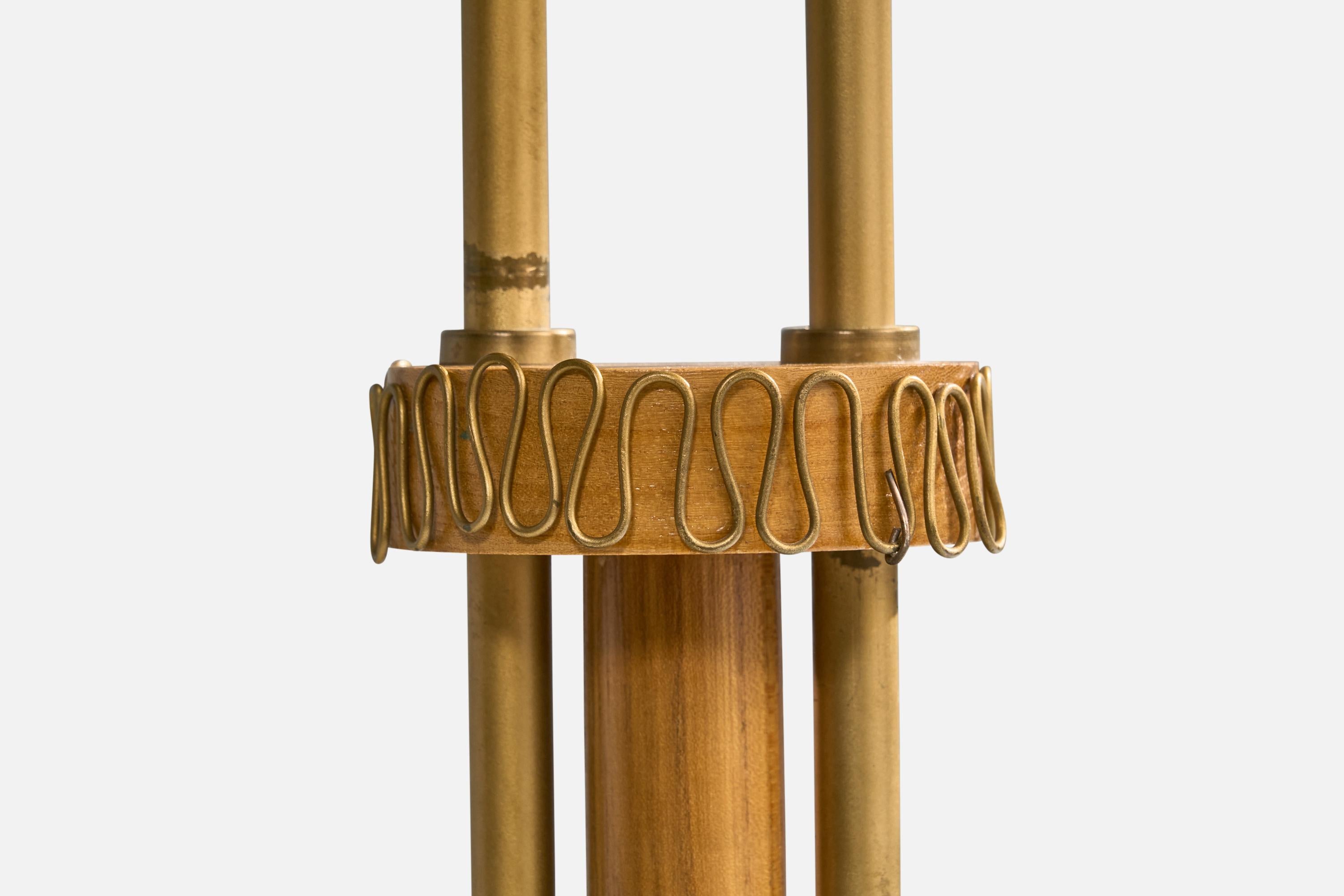 Lampada da terra di design svedese, ottone, quercia, tessuto, Svezia, anni '40 in vendita 5