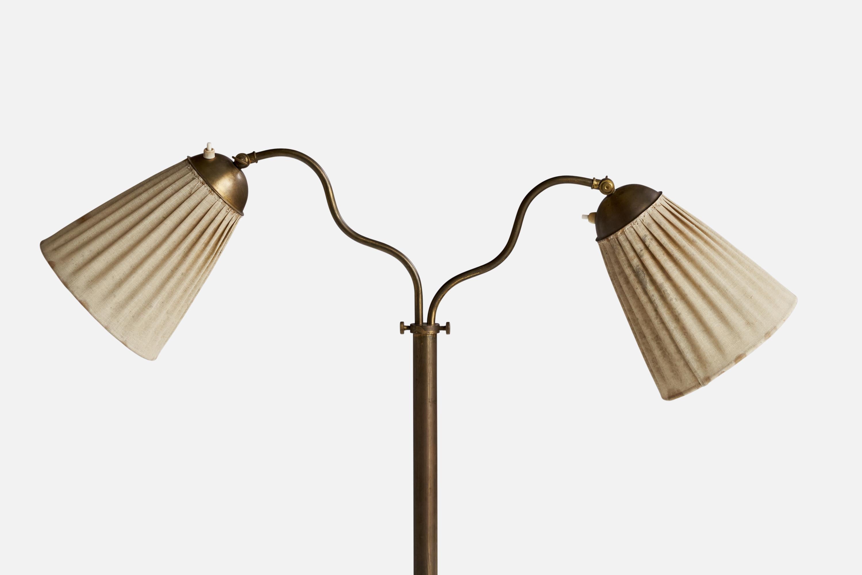 Scandinavian Modern Swedish Designer, Floor Lamp, Brass, Oak, Fabric, Sweden, 1940s For Sale